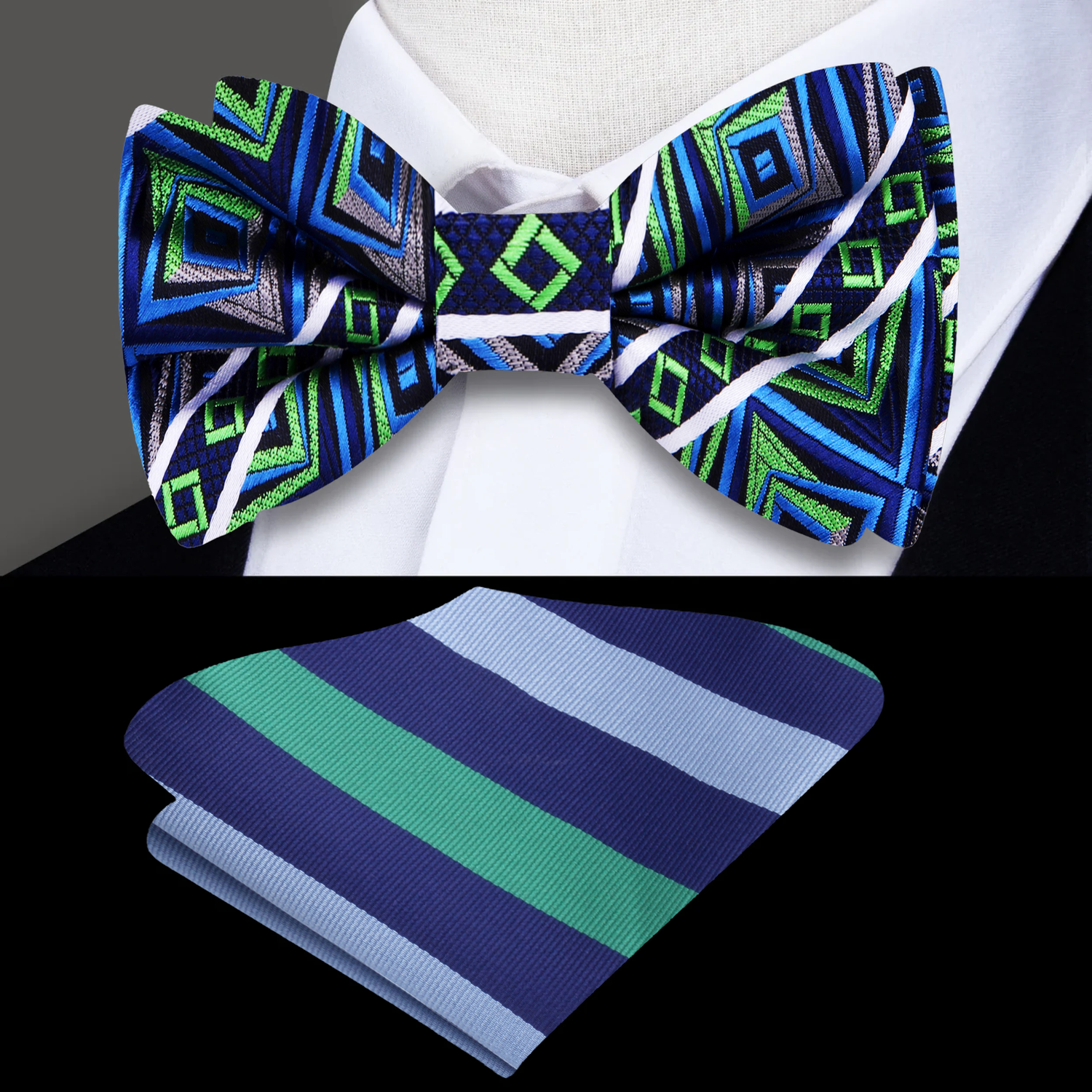 A Grey, Green, Blue Abstract Geometric Pattern Silk Pre Tied Bow Tie, Accenting Stripe Pocket Square