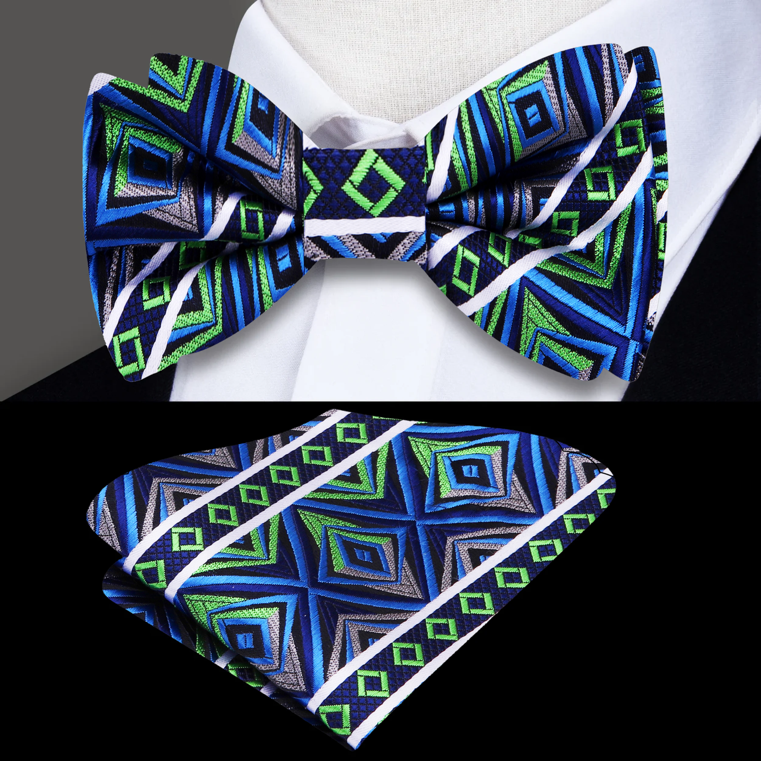 A Grey, Green, Blue Abstract Geometric Pattern Silk Pre Tied Bow Tie, Matching Pocket Square