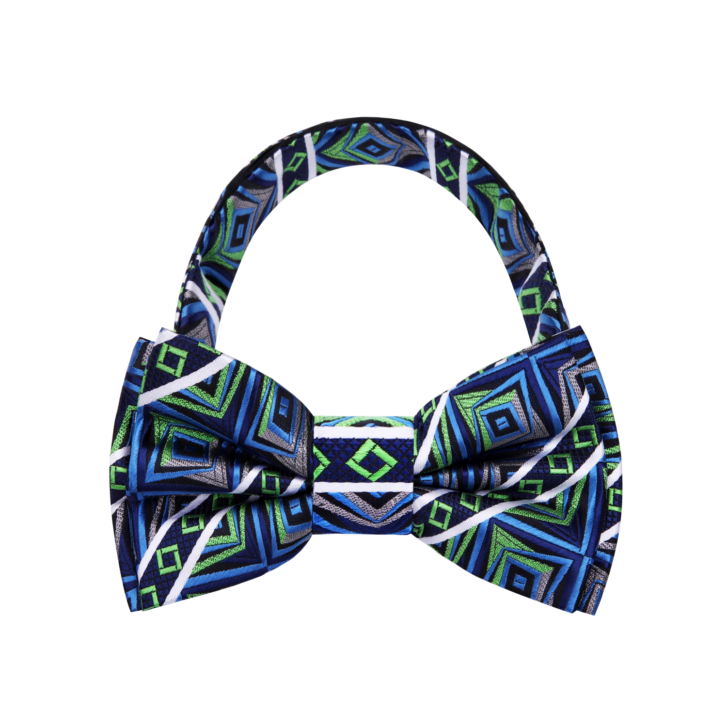 A Grey, Green, Blue Abstract Geometric Pattern Silk Pre Tied Bow Tie