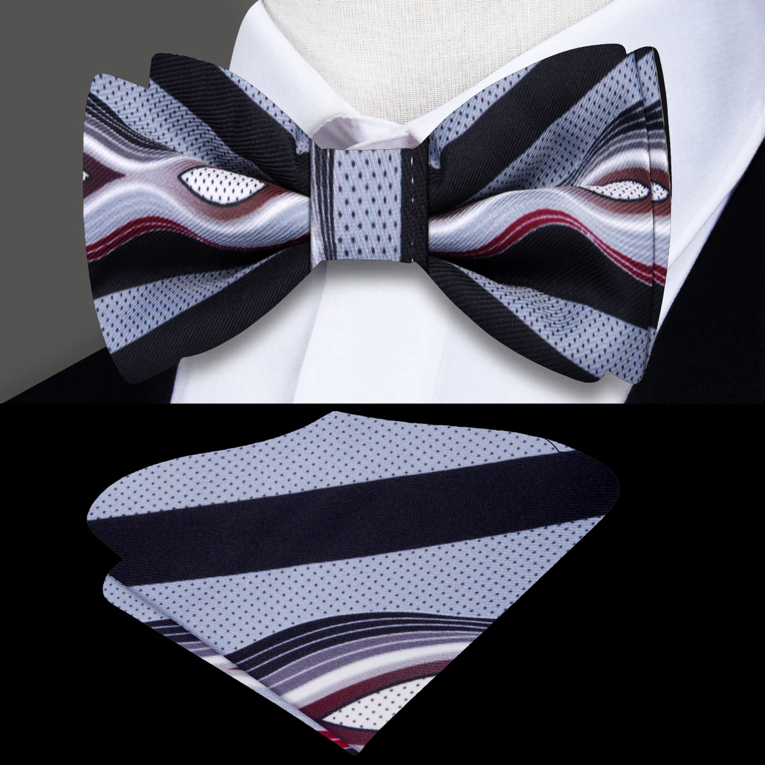 Main: Fog Grey, Black, Deep Red Abstract Bow Tie and Pocket Square||Fog Grey