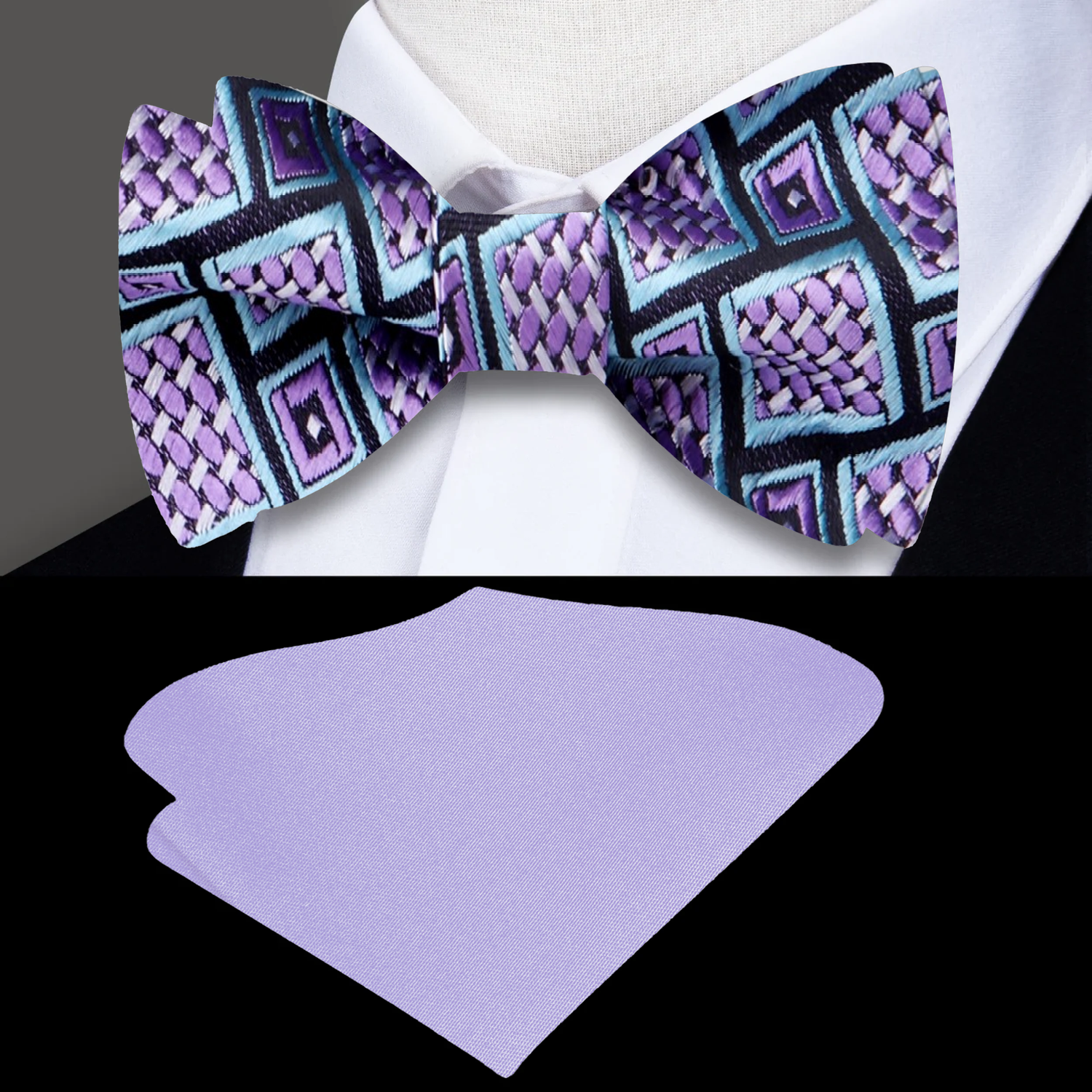 A Grey, Teal, Purple Abstract Shapes Pattern Silk Self Tie Bow Tie, Light Purple Pocket Square