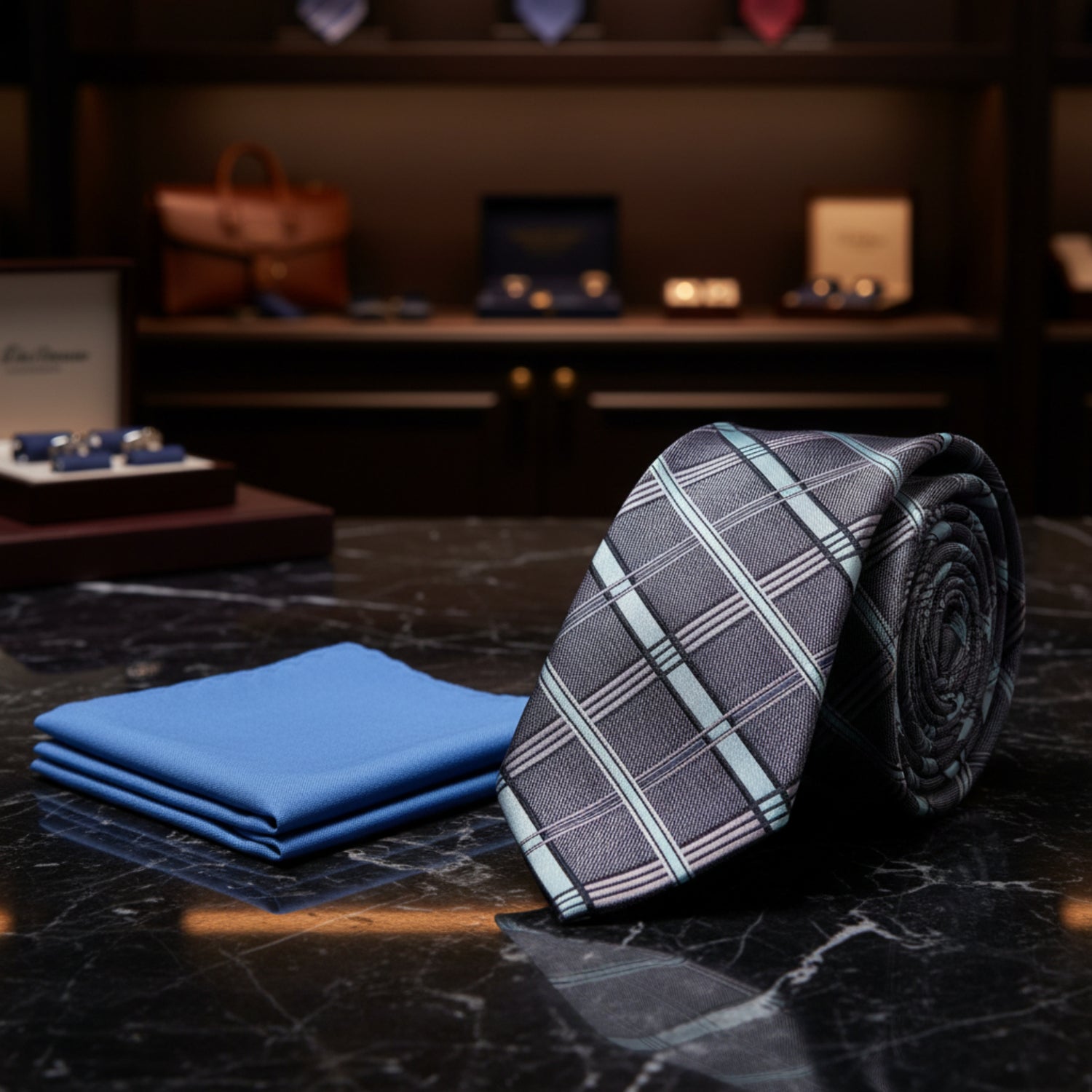 Charcoal Grey & Light Blue Plaid Necktie