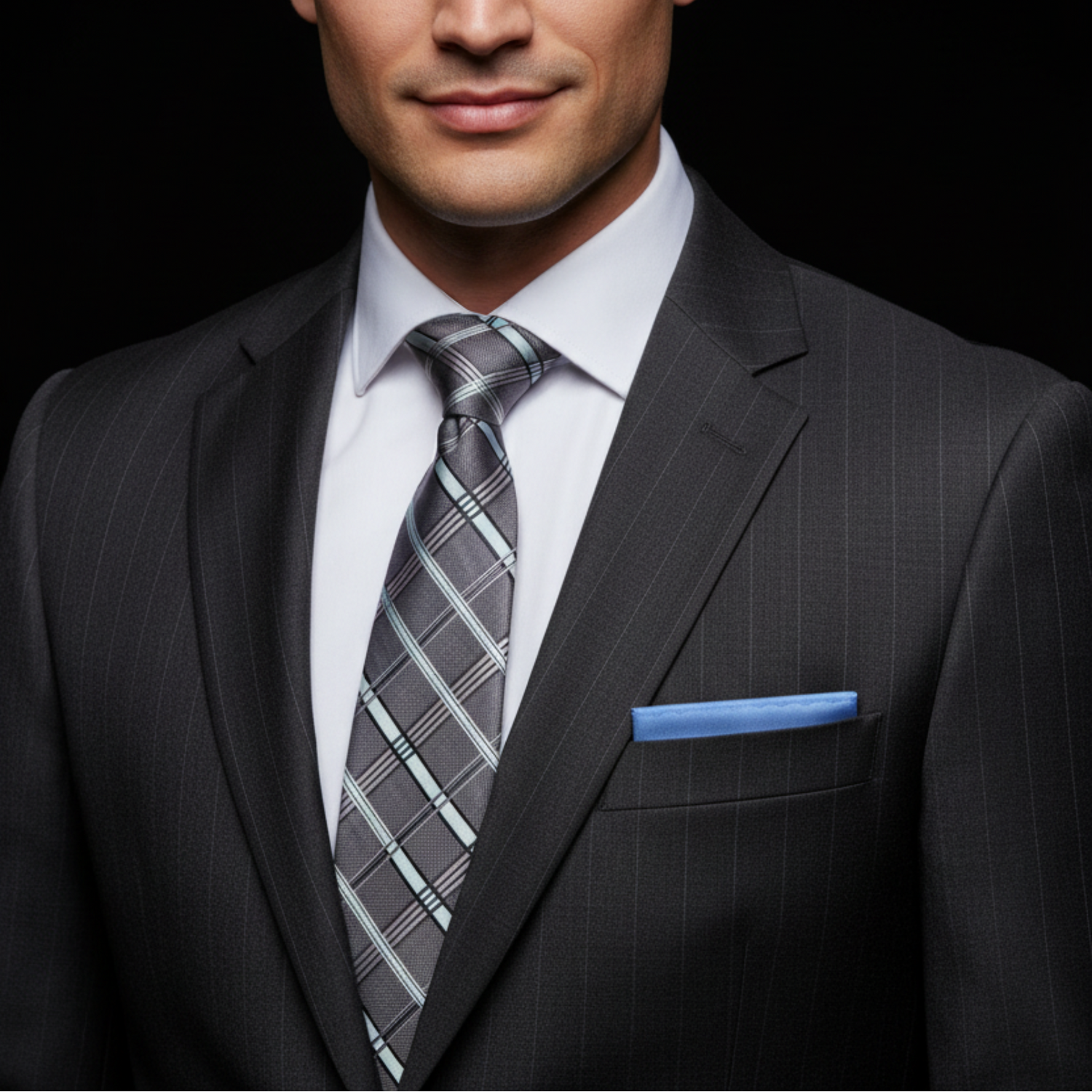 Charcoal Grey & Light Blue Plaid Necktie
