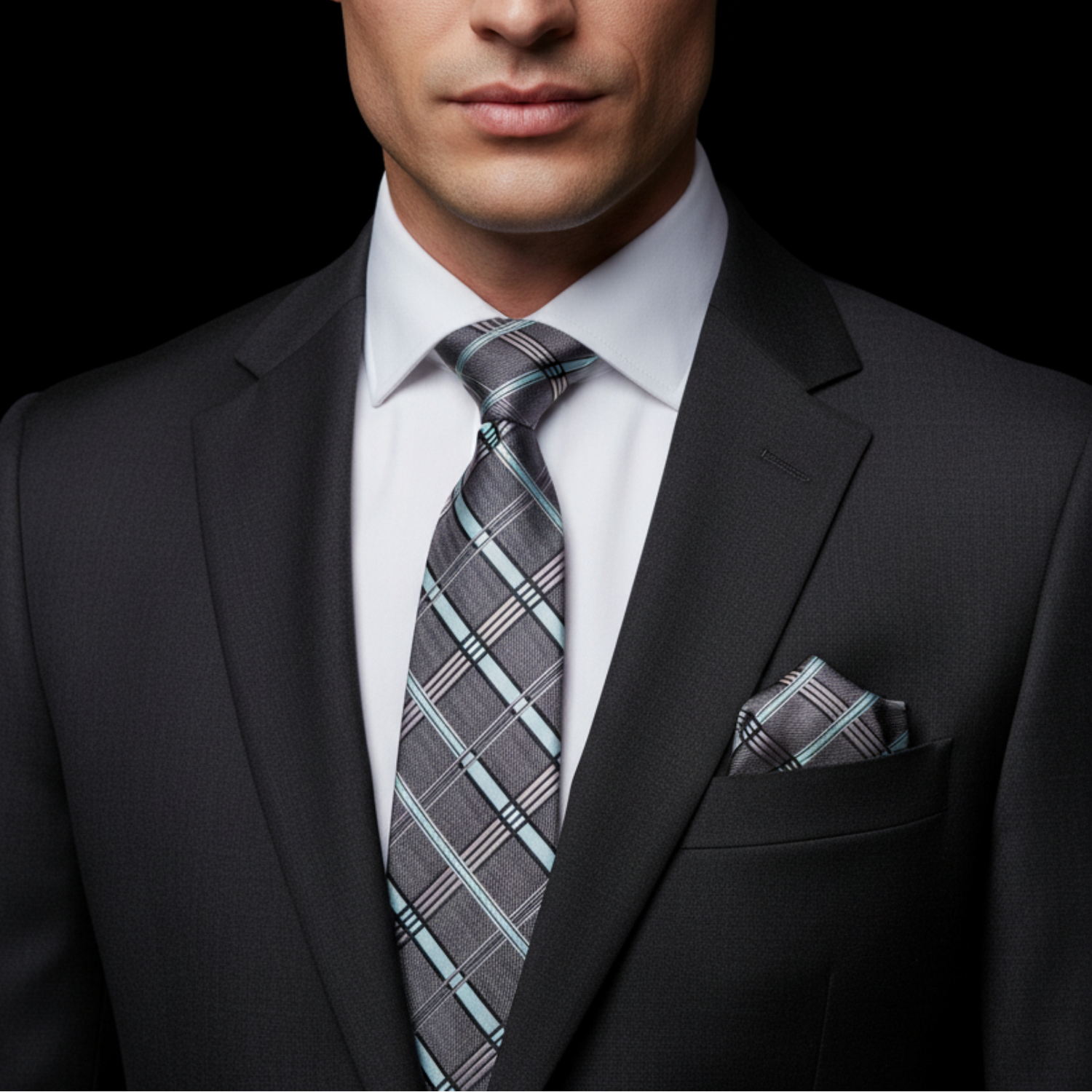 Charcoal Grey & Light Blue Plaid Necktie