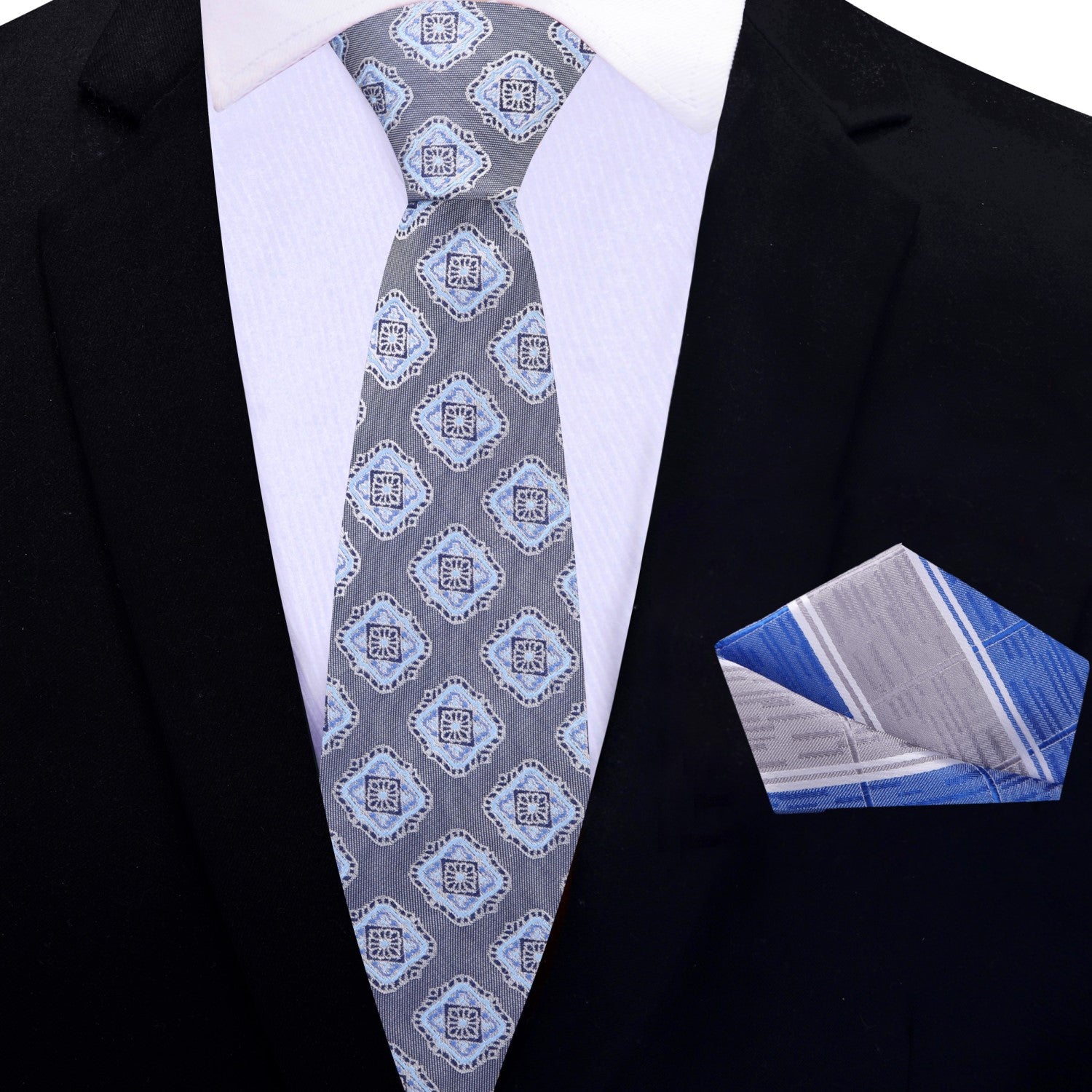 Thin Medallion Grey and Blue Necktie and Accenting Square