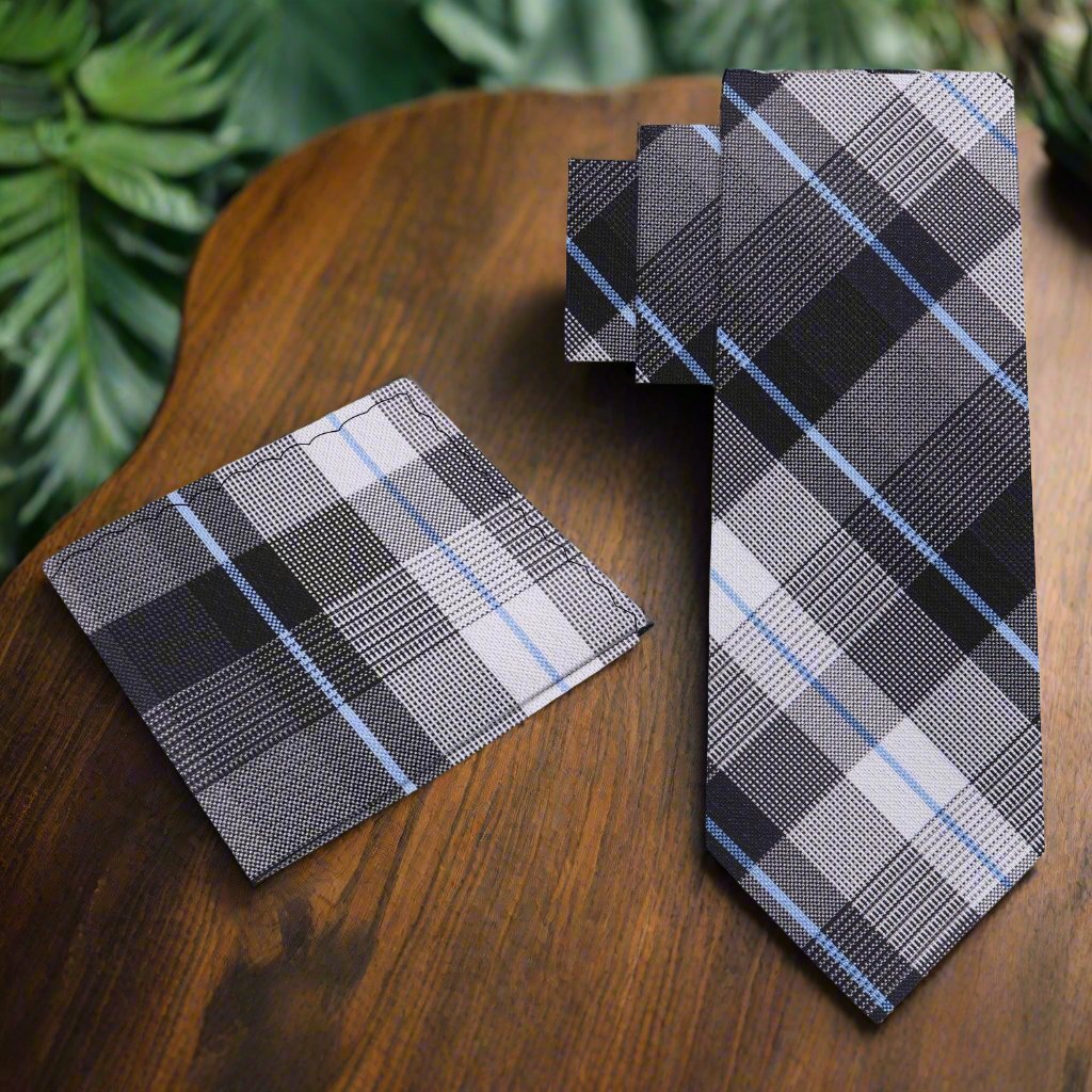 grey plaid tie and pocket square