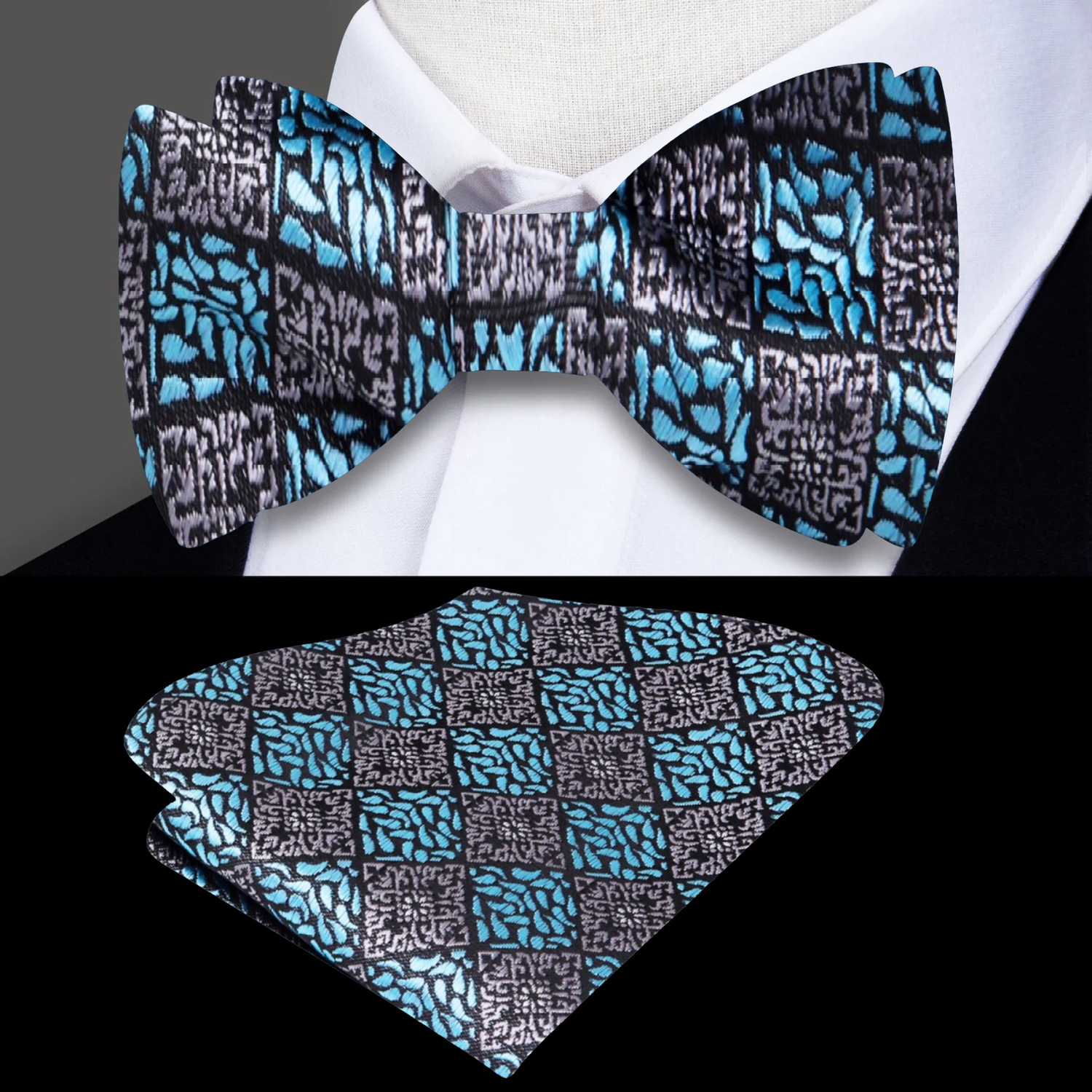 Teal Grey Bow Tie and Pocket Square