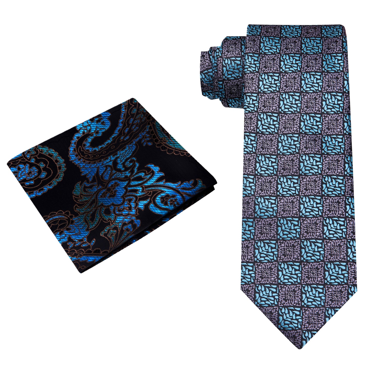 Alt View: Grey, Light Blue Geometric Necktie and Black, Light Blue Paisley Square
