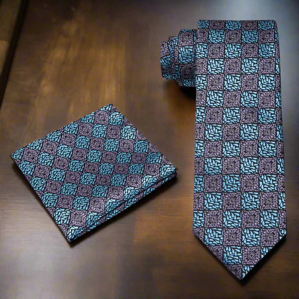 Alt View: Grey, Light Blue Geometric Necktie and Square