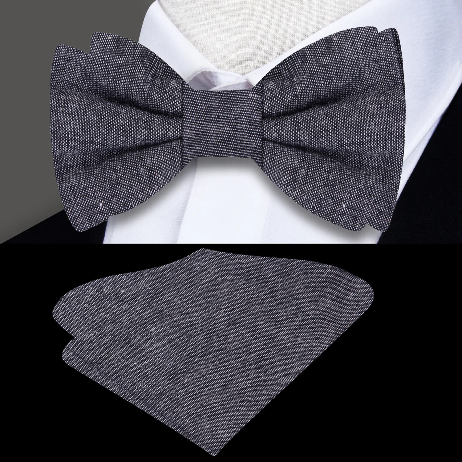 Black/White Linen Bow Tie and Square