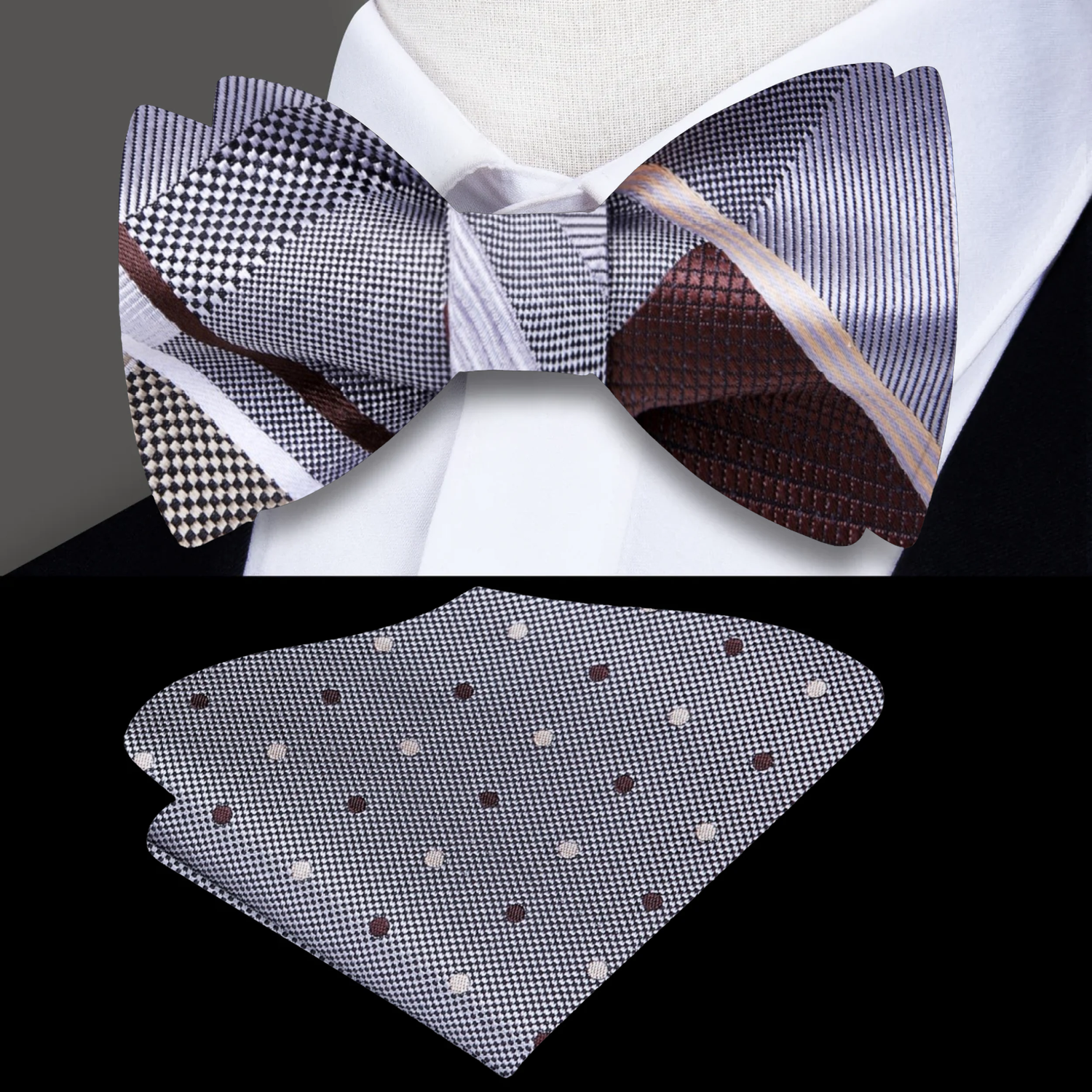 Grey, Brown Geometric Bow Tie and Accenting Square