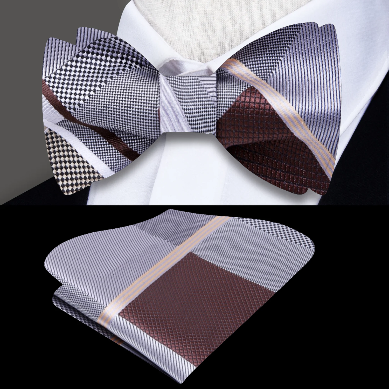Grey, Brown Geometric Bow Tie and  Square