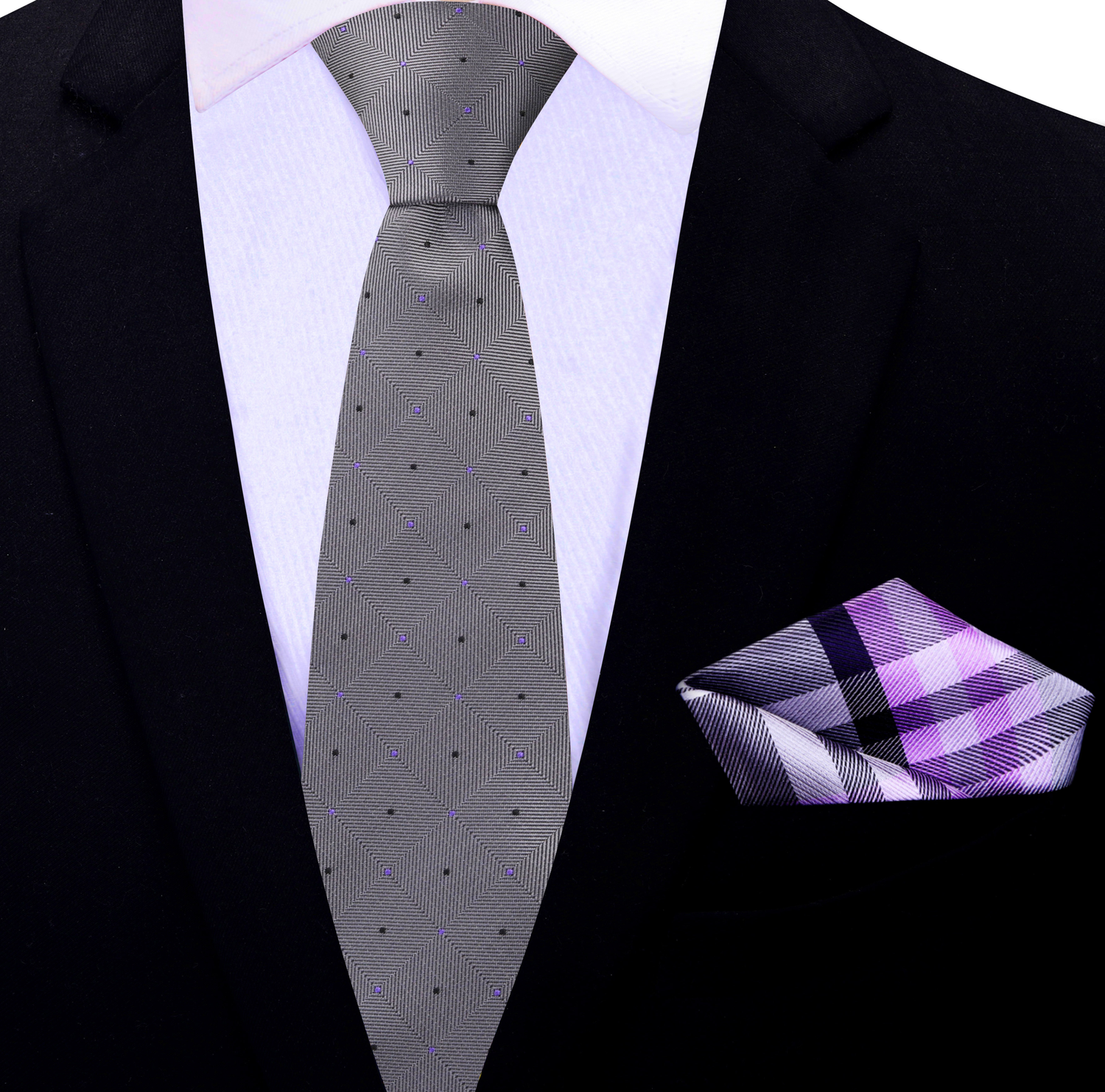 Thin TieL Grey Black Purple Geometric Tie and Purple Plaid Square
