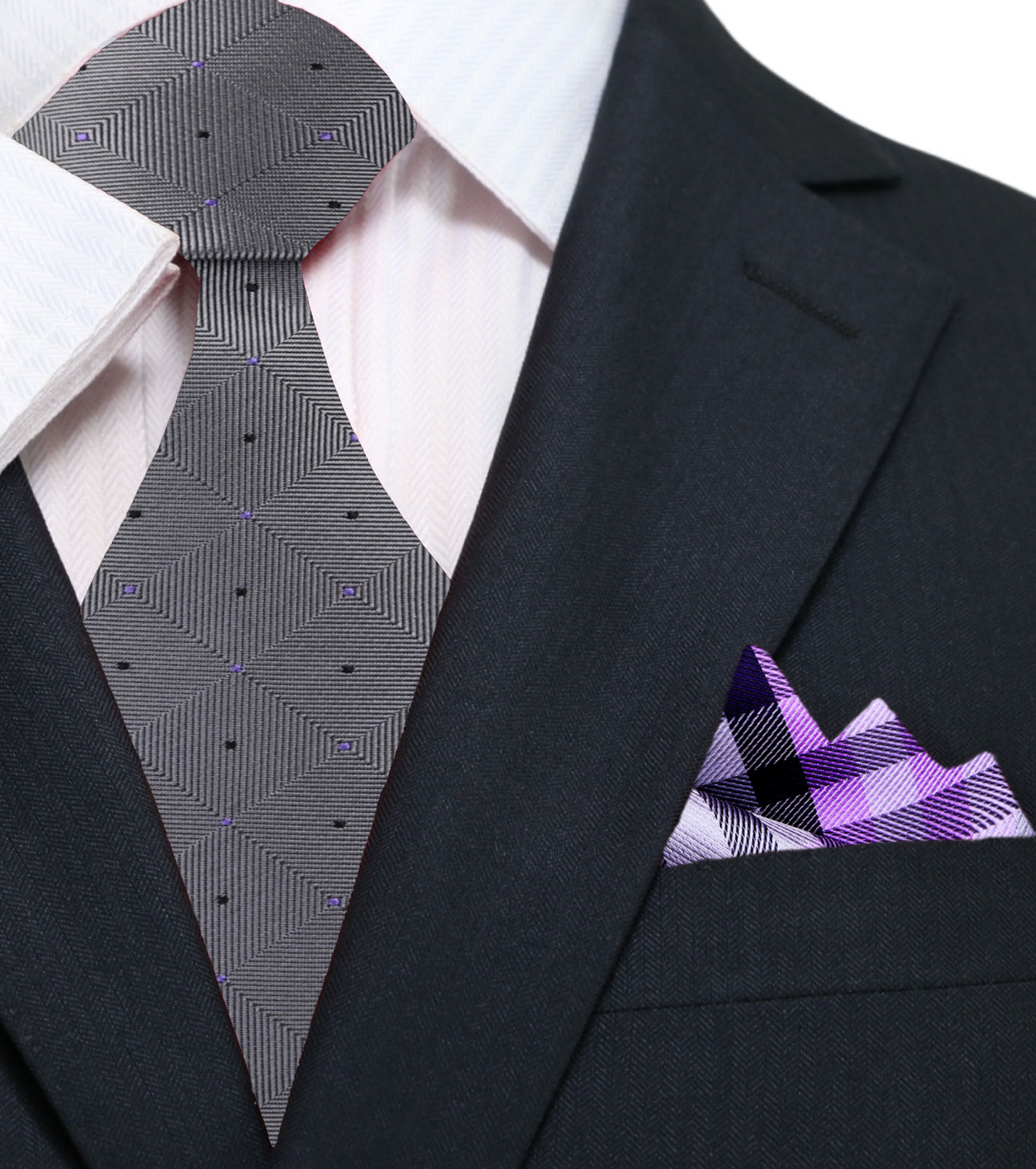 Grey Black Purple Geometric Tie and Purple Plaid Square