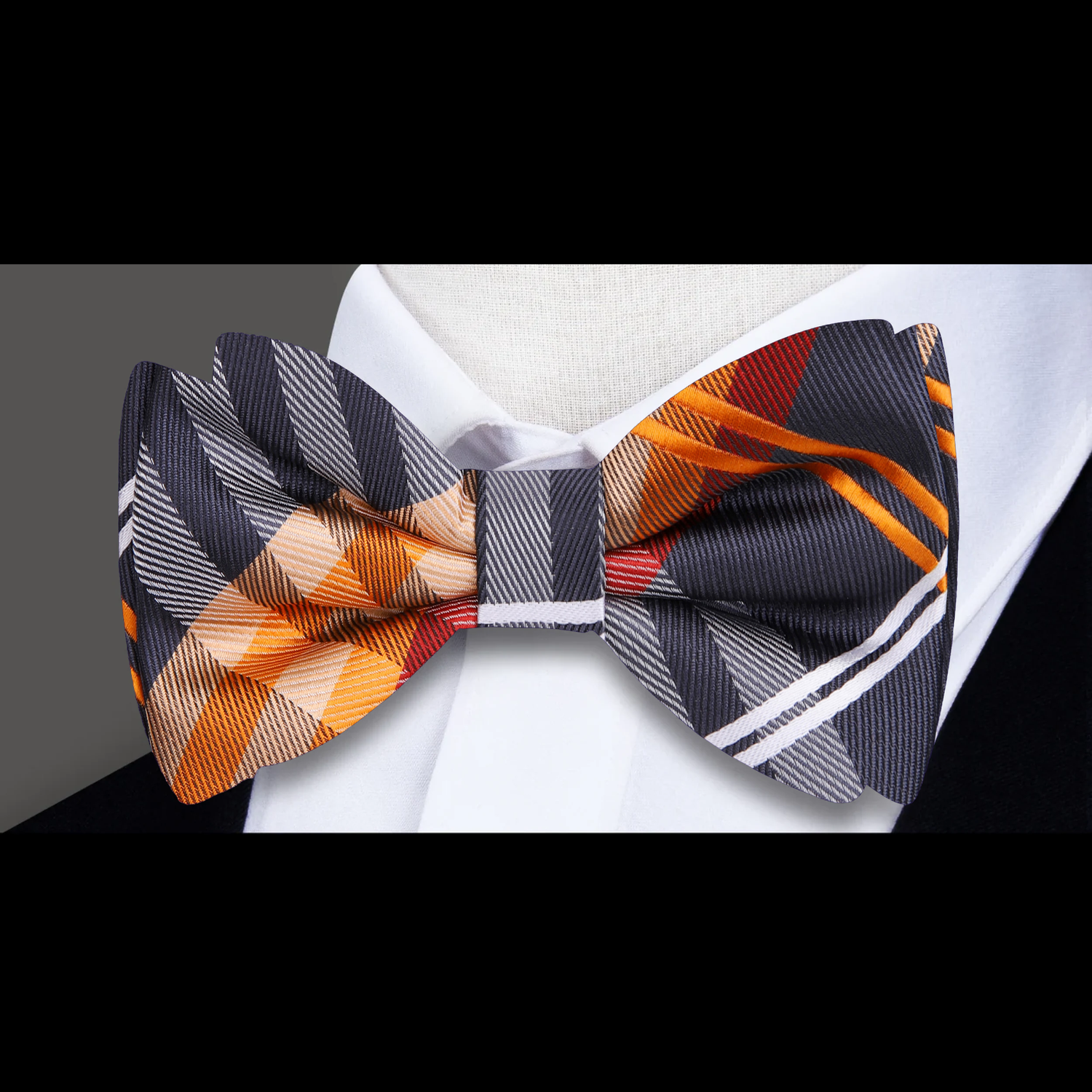 Black, Orange and White Plaid Bow Tie