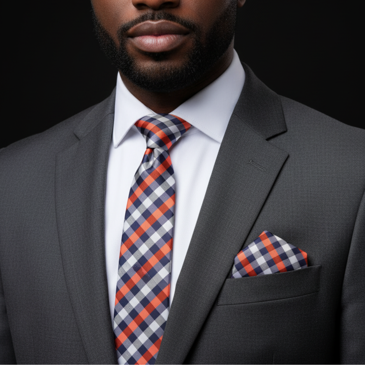 Man wearing a gray suit with a plaid tie and pocket square against a black background