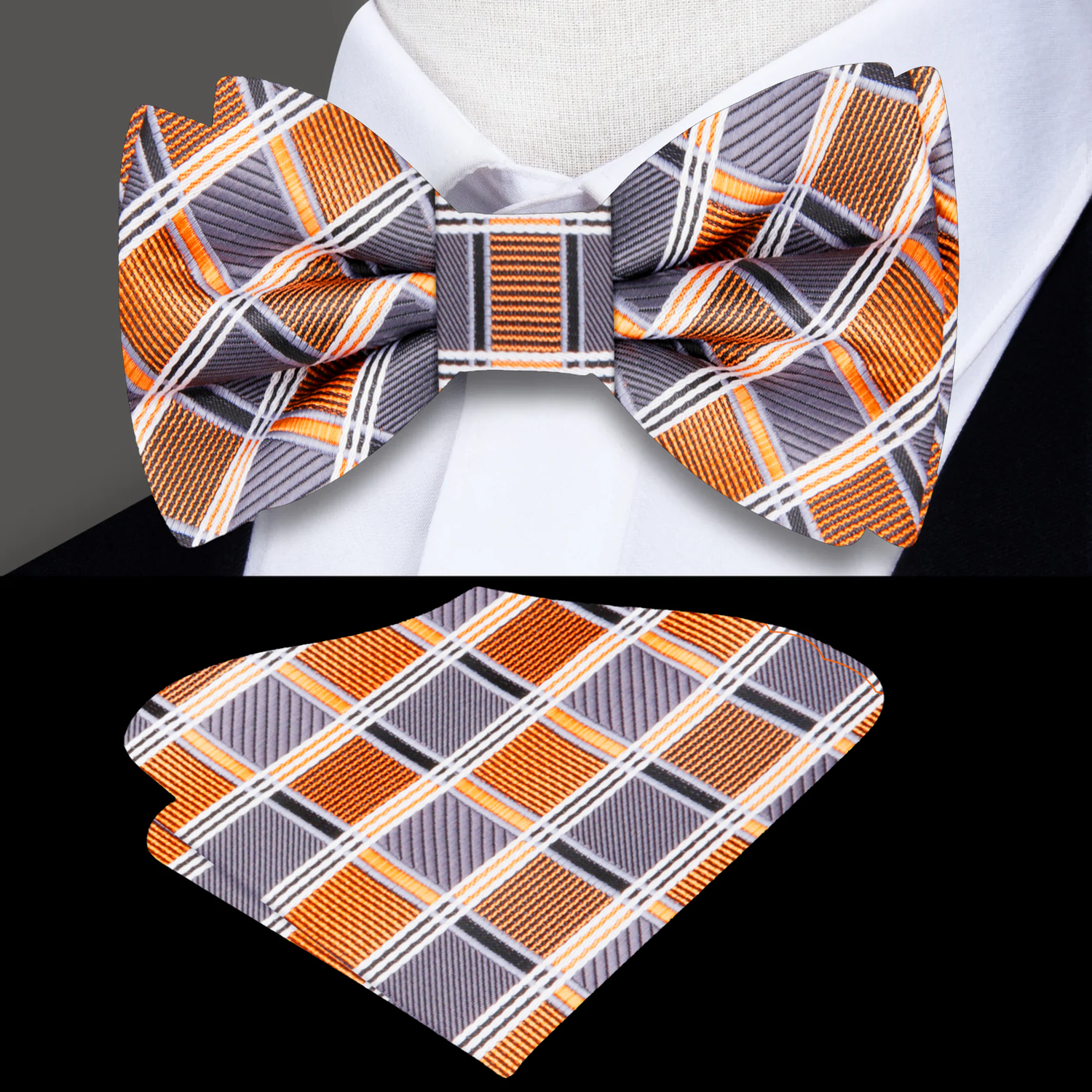 Grey Orange Geometric Bow Tie and Pocket Square||Grey, Orange