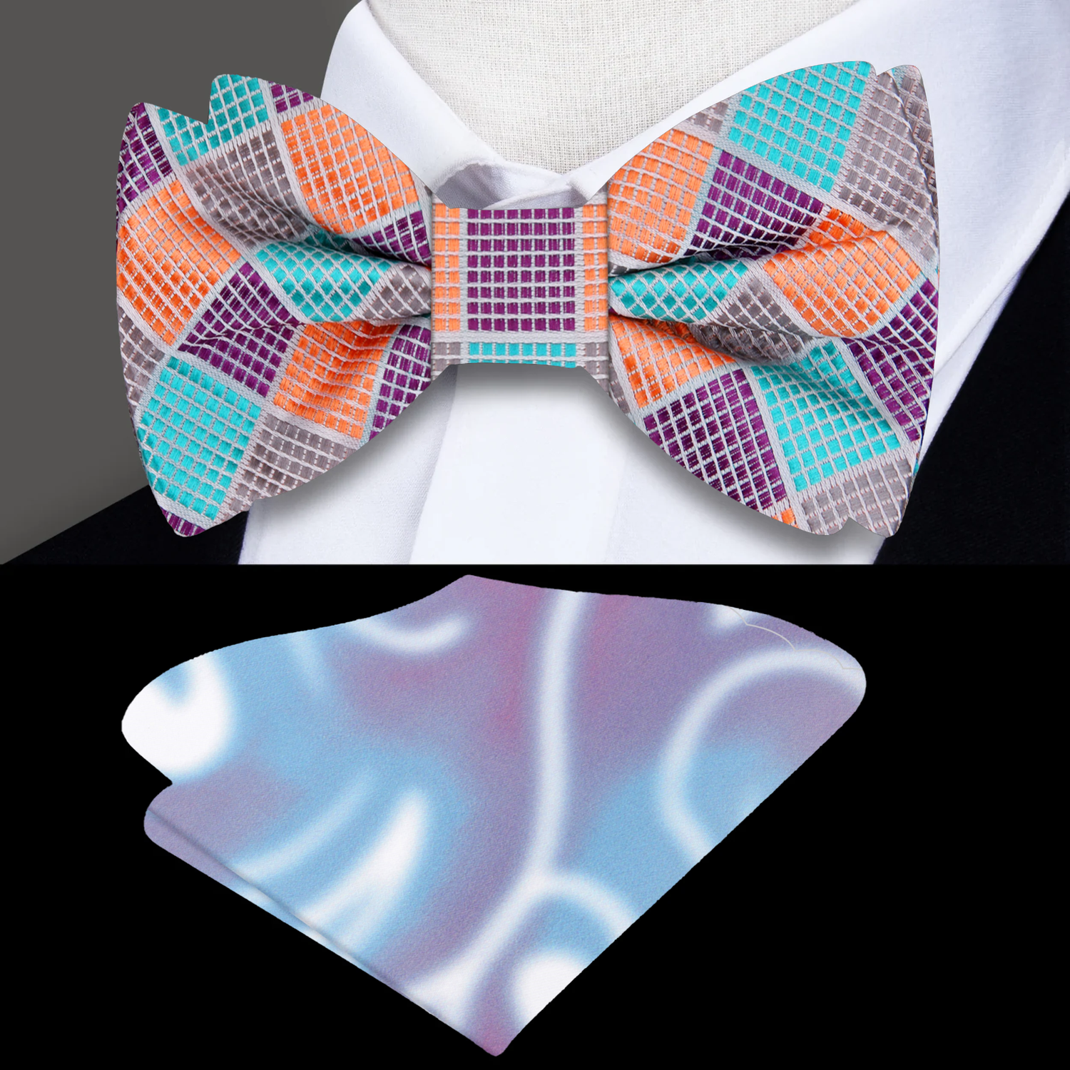 Teal, Orange, Purple Geometric Bow Tie and Accenting Pocket Square