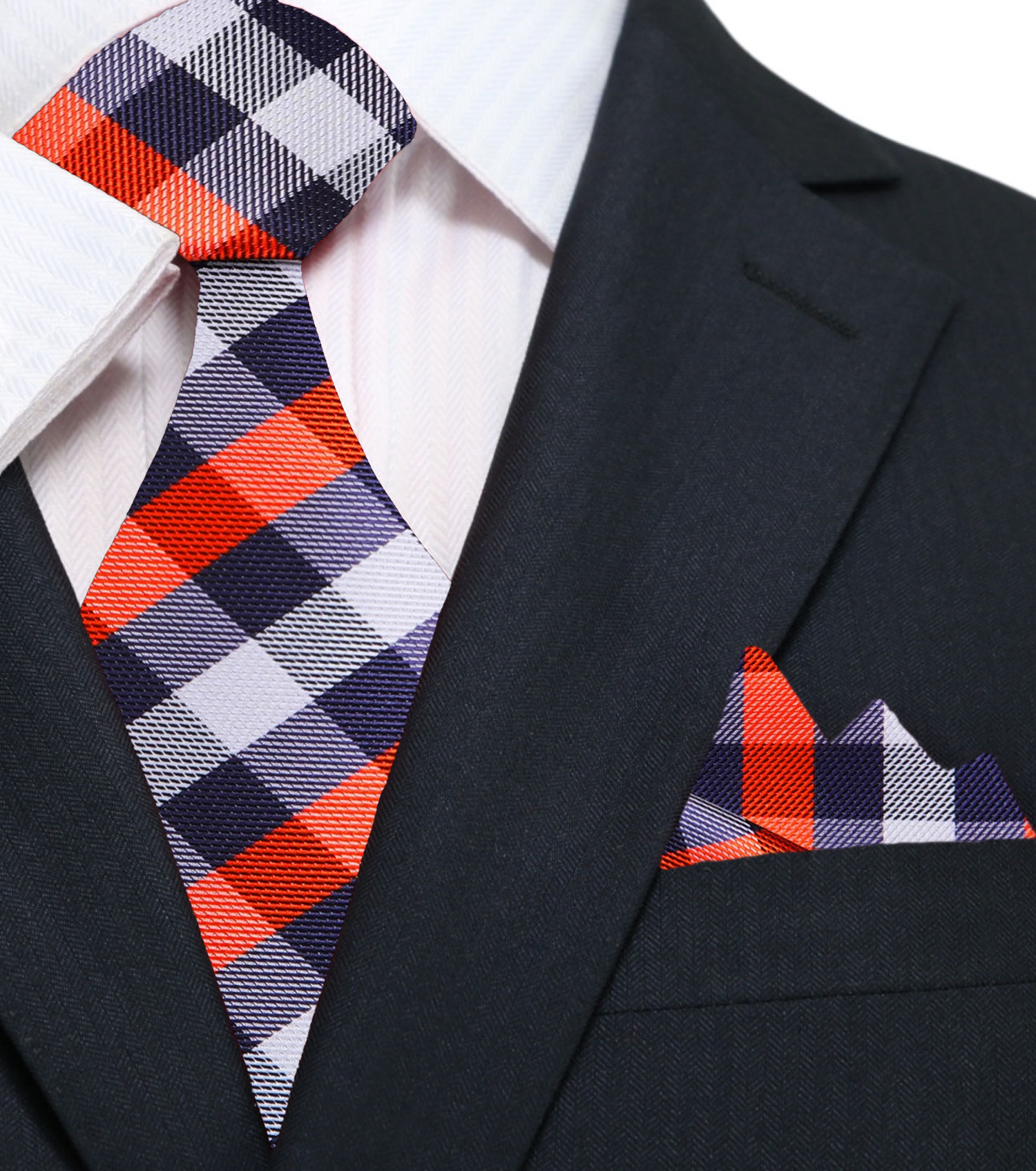 A Orange, Grey, White Small Geometric Checker Pattern Silk Necktie, With Matching Pocket Square