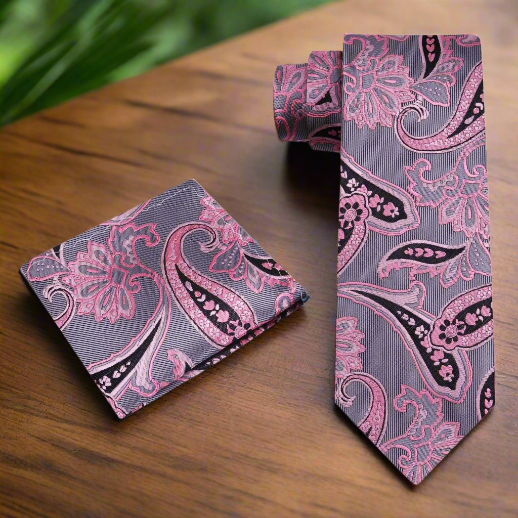 Pink, Silver and Black Paisley Tie and Matching Square