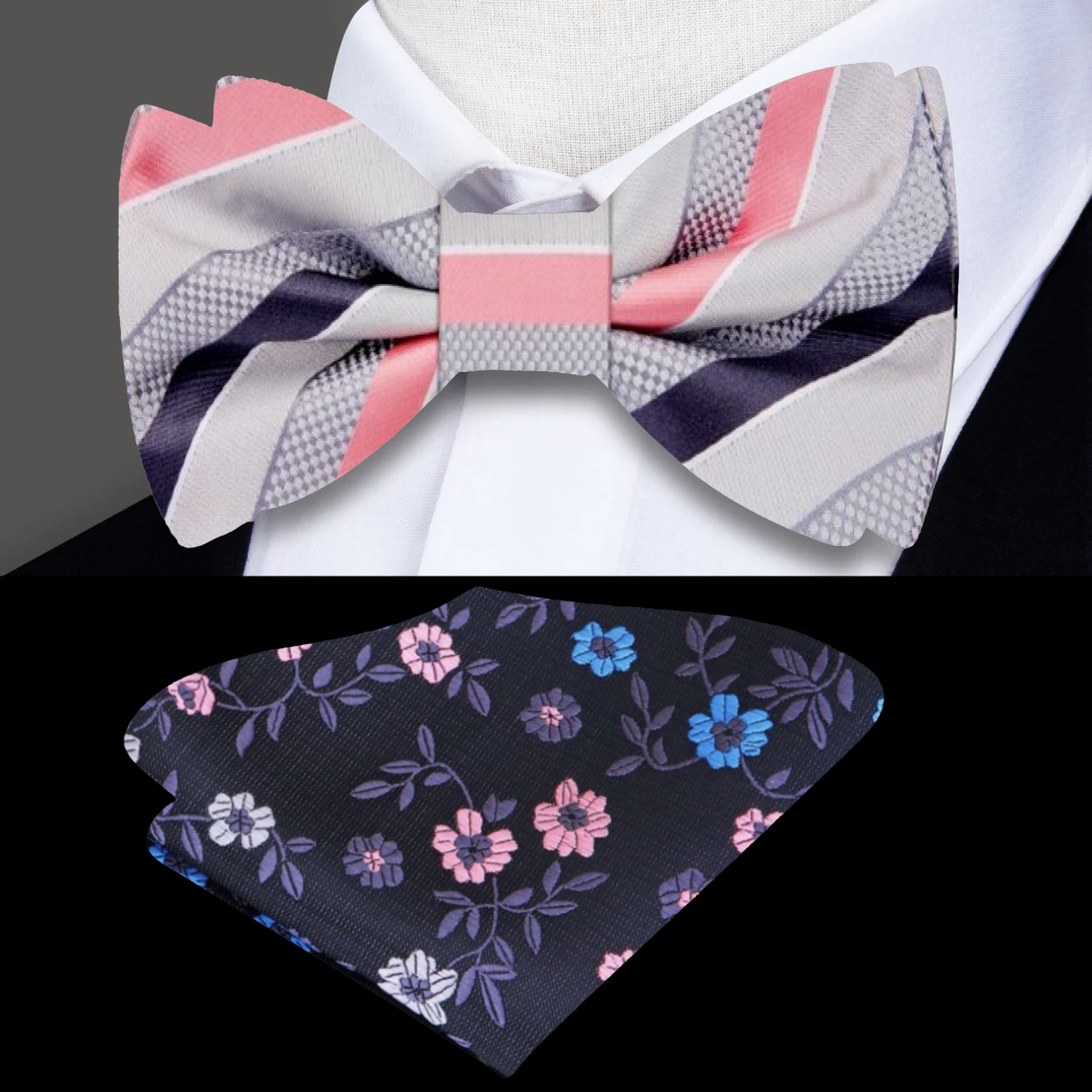 Grey Pink Stripe Bow Tie and Accenting Floral Square