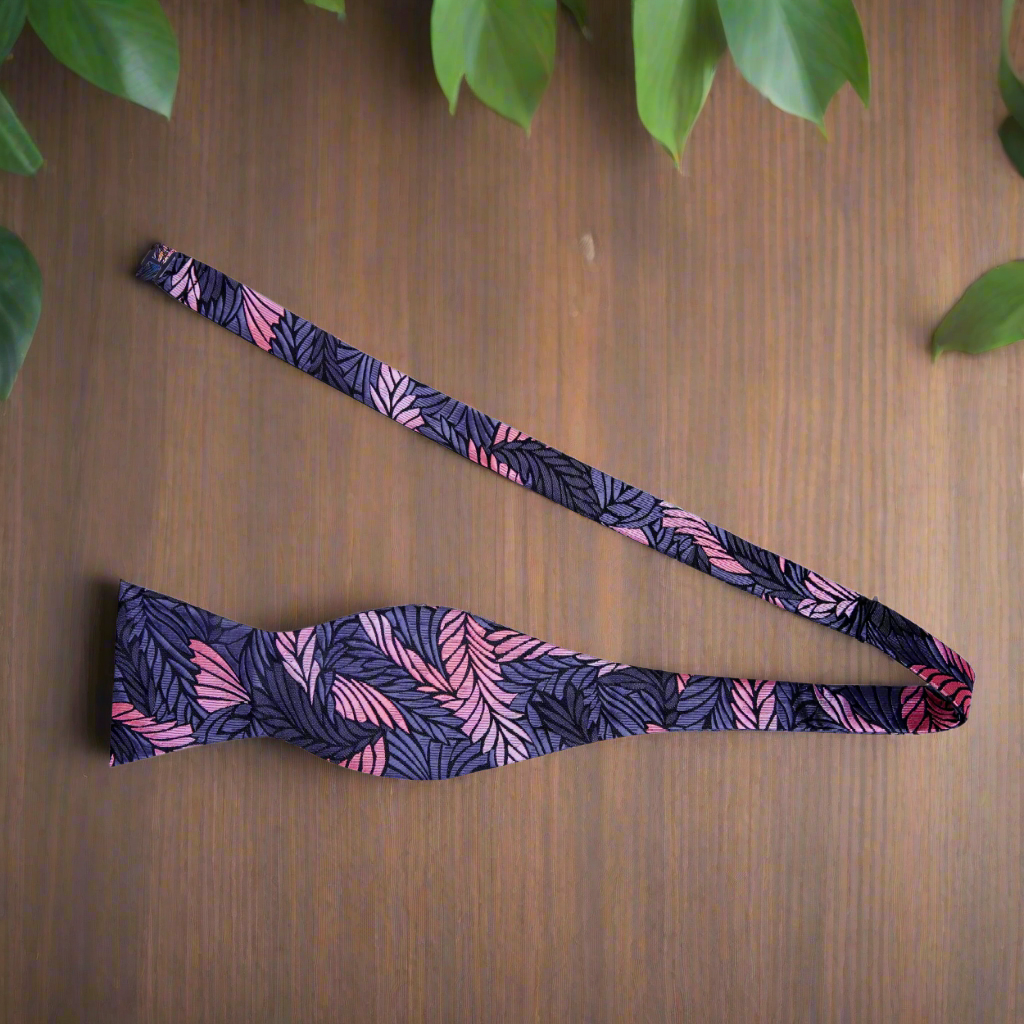 A Dark Grey, Pink Abstract Feather Silk Self Tie Bow Tie Self Tie