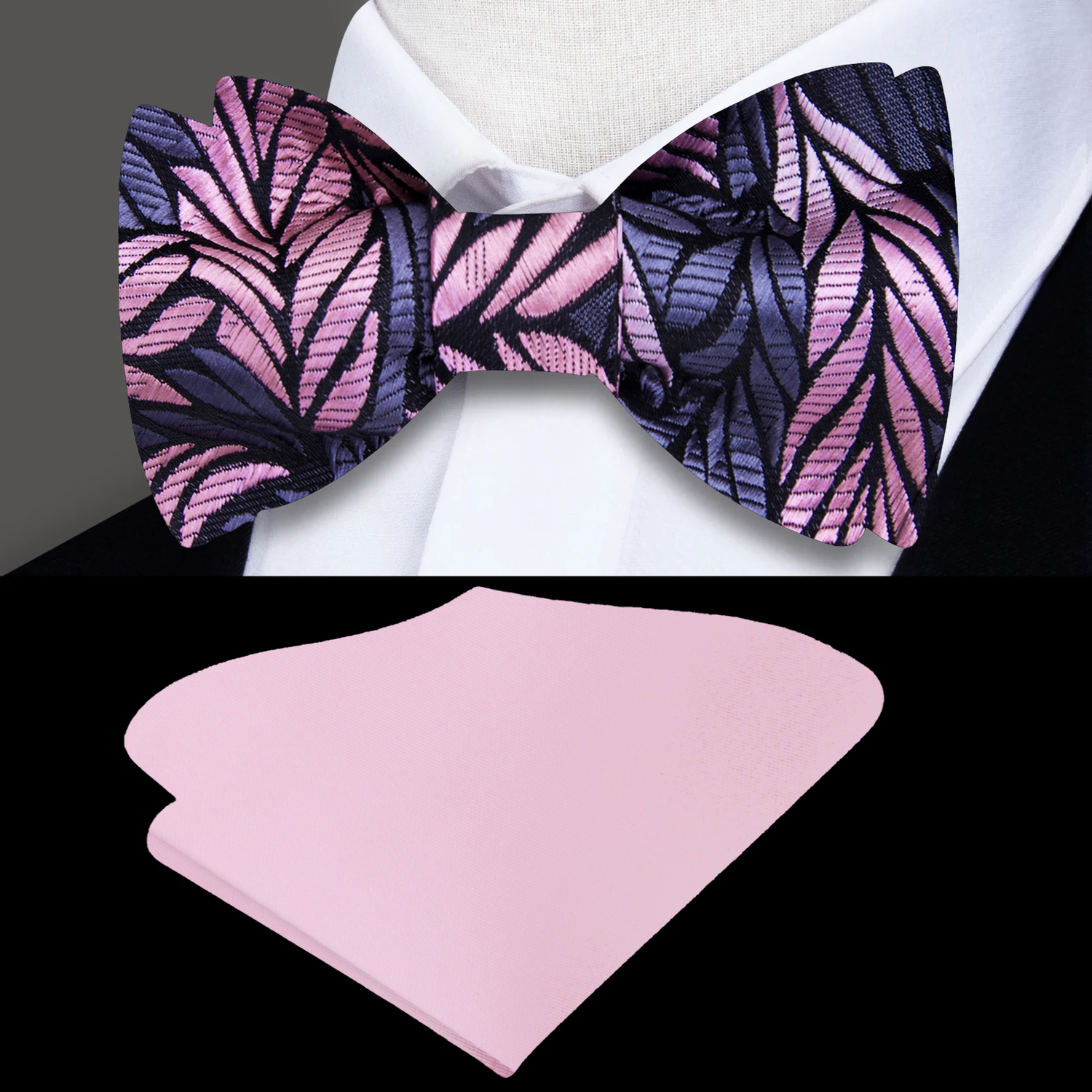 A Dark Grey, Pink Abstract Feather Silk Self Tie Bow Tie, Pink Pocket Square