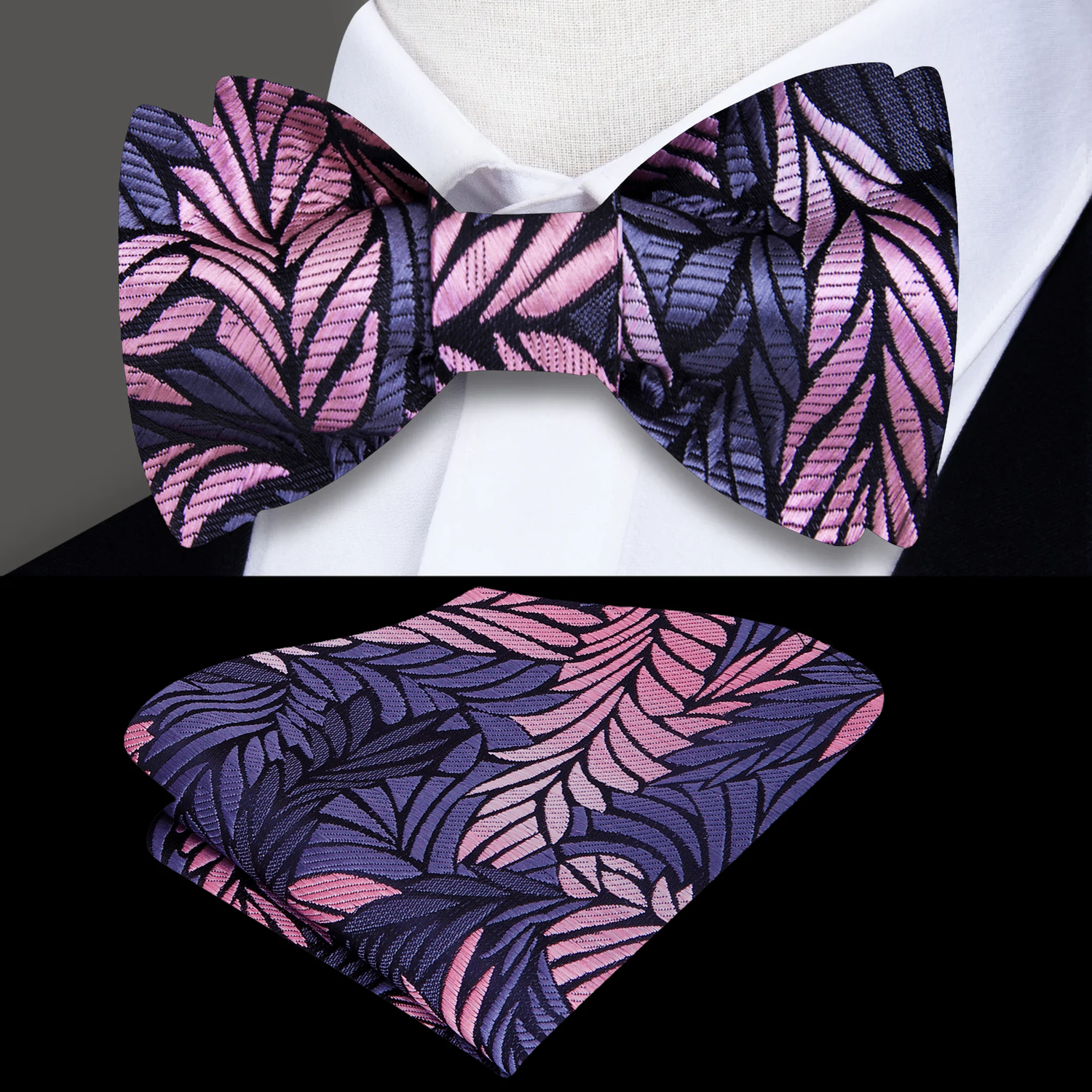 A Dark Grey, Pink Abstract Feather Silk Self Tie Bow Tie, Matching Pocket Square