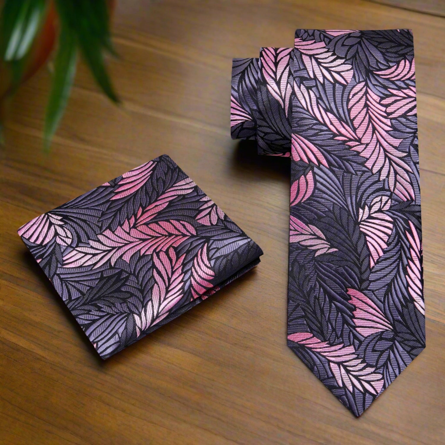 Alt View: Grey, Pink Feather Tie with Matching Square