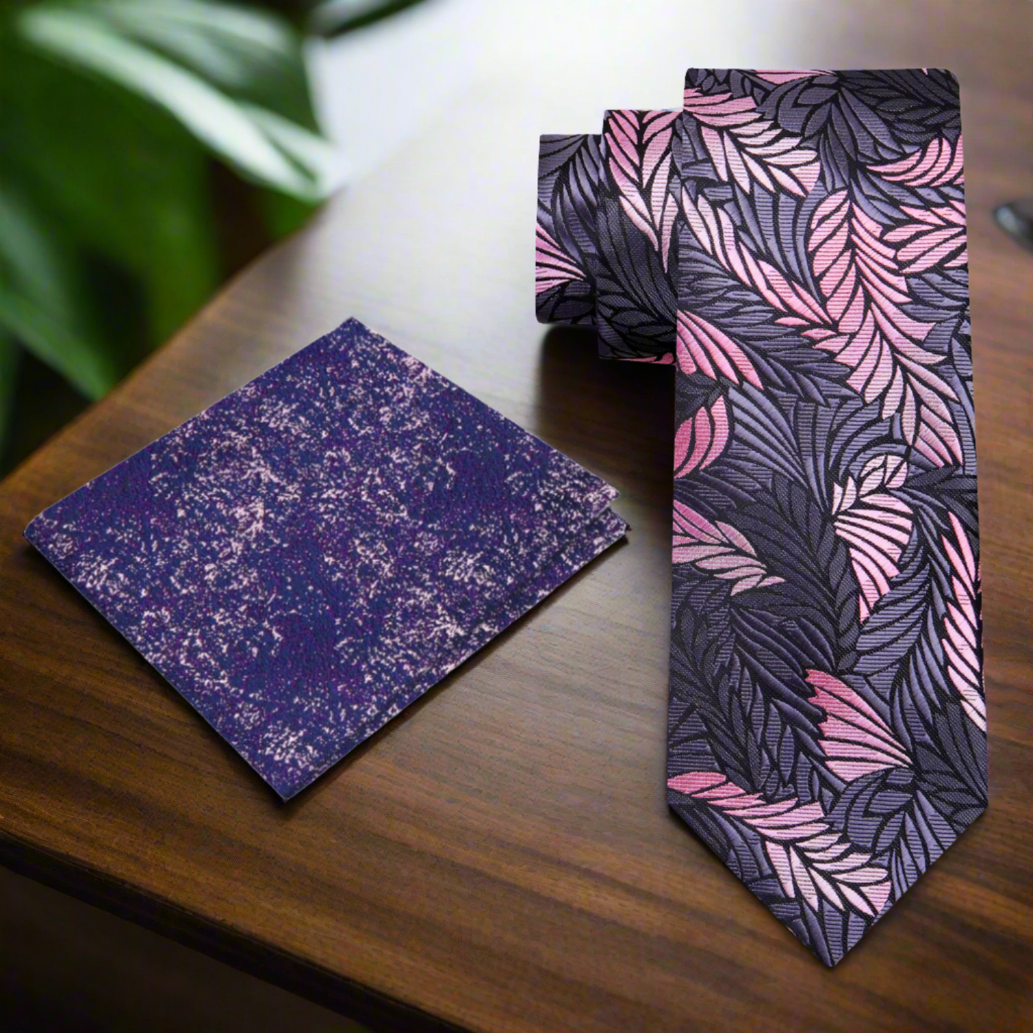 Alt Grey, Pink Feather Tie with Accenting Purple and Pink Square