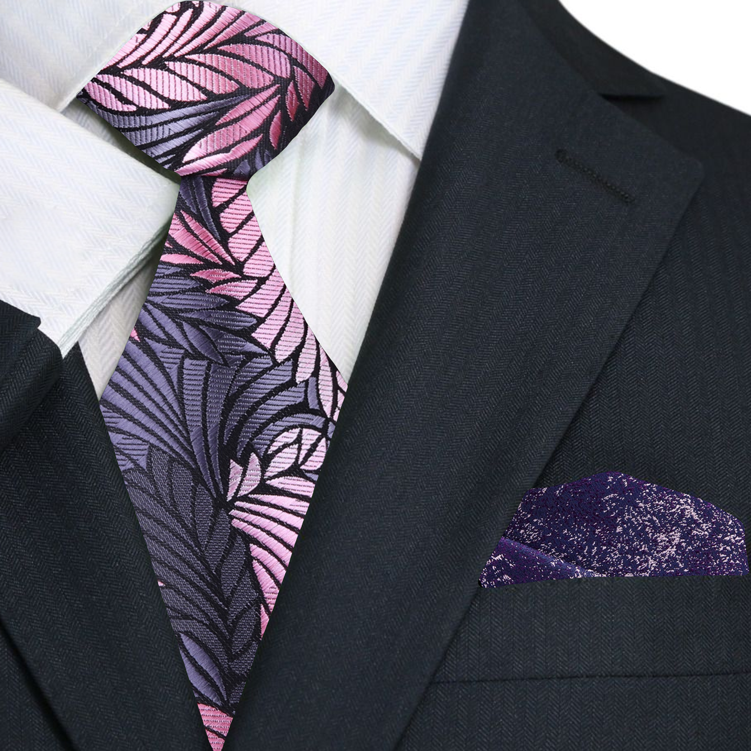 Grey, Pink & Black Feather Necktie| Modern Wedding & Formal Style Necktie & Matching Square / XL (63