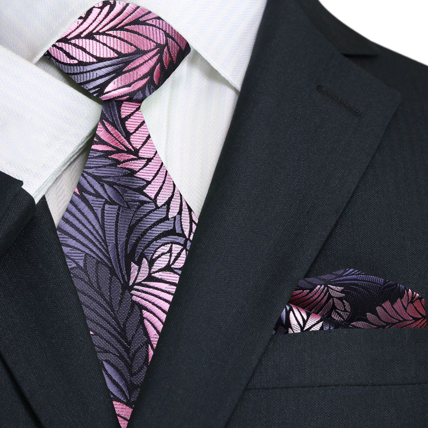 Grey, Pink & Black Feather Necktie| Modern Wedding & Formal Style Necktie & Matching Square / XL (63