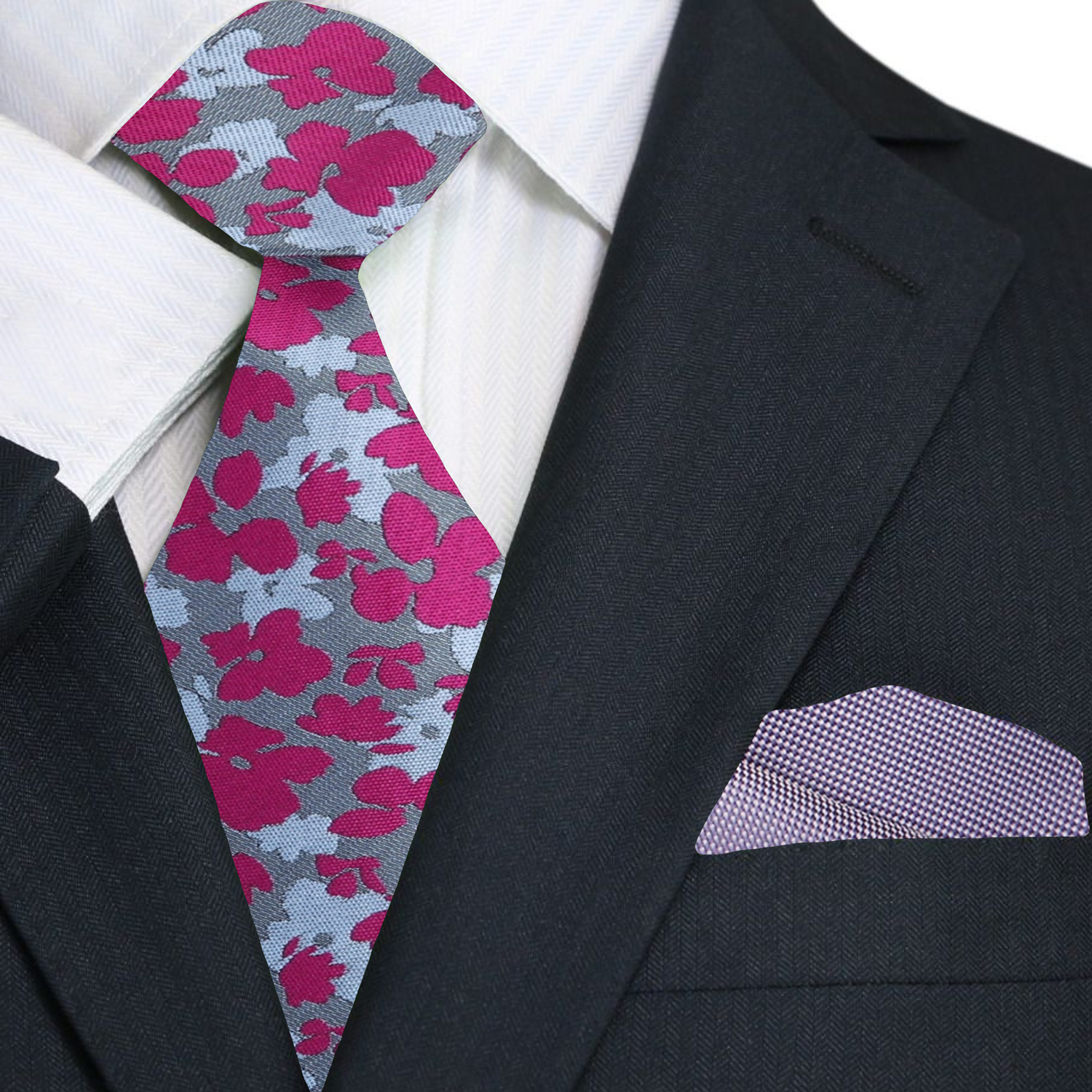 Premium Reddish Pink and Shades of Grey Flowers Necktie With Solid Grey Pocket Square