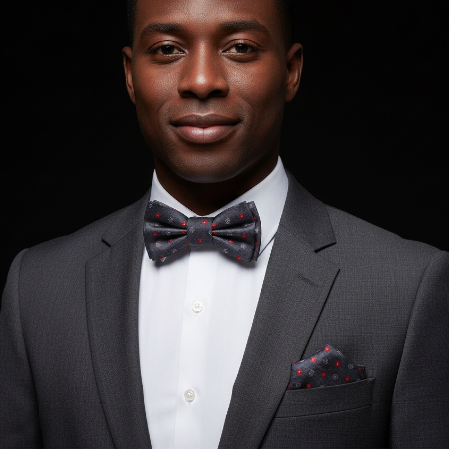Man wearing grey and pink floral bow tie and matching square
