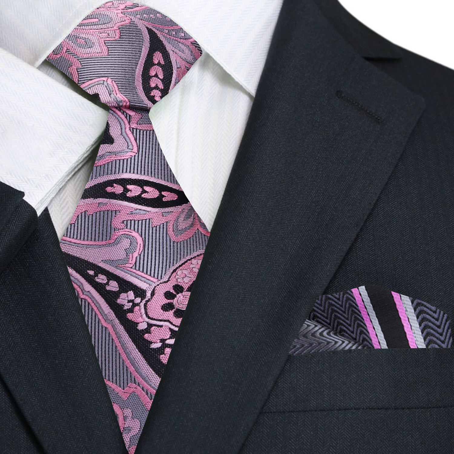 Silver, Pink & Black Paisley Necktie for Weddings and Evening Events Single Necktie / Regular (60