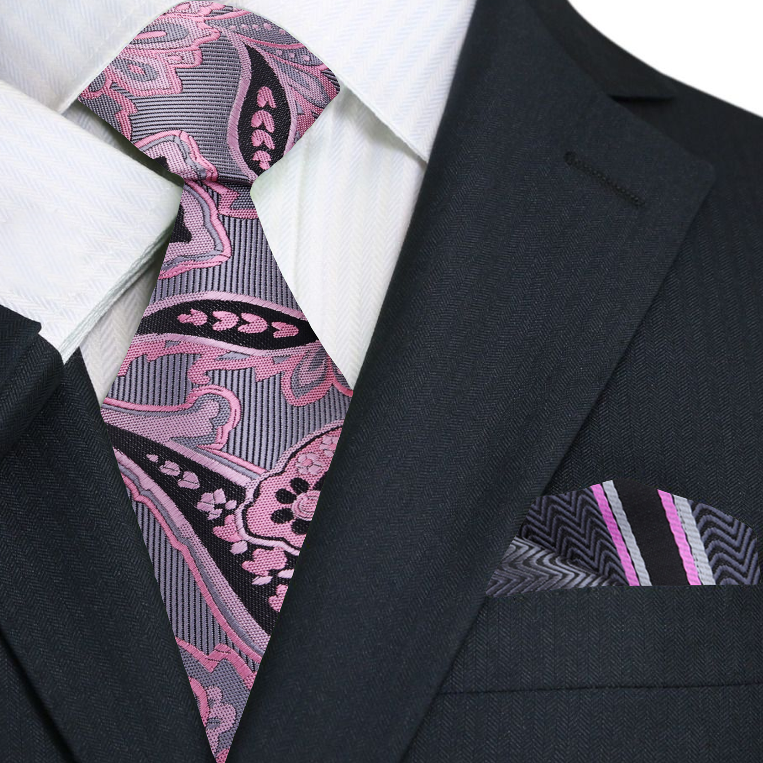 Pink, Silver and Black Paisley Tie and Accenting Square