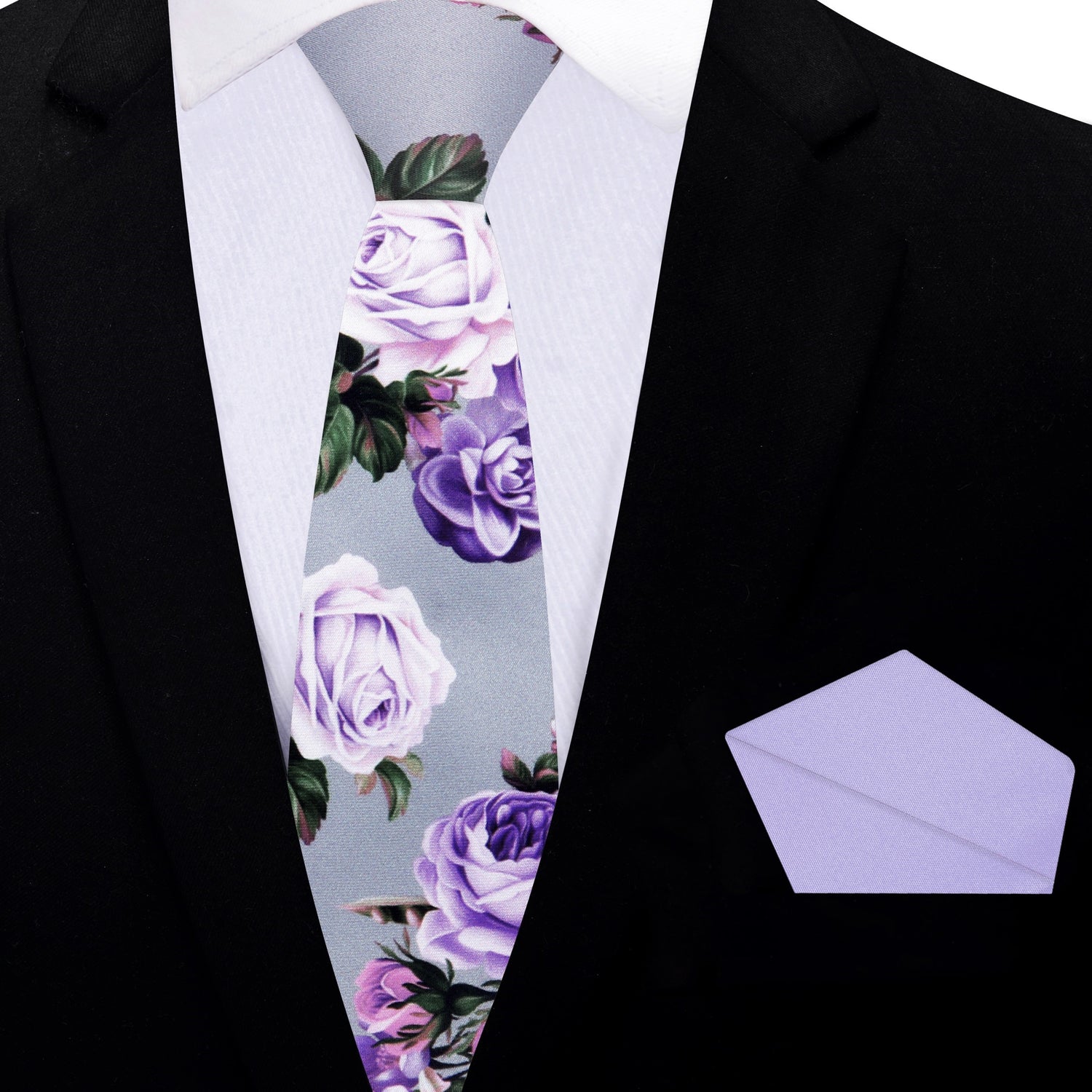 Thin Tie: Grey, Pink, Purple and Green Floral Necktie with Light Purple Square