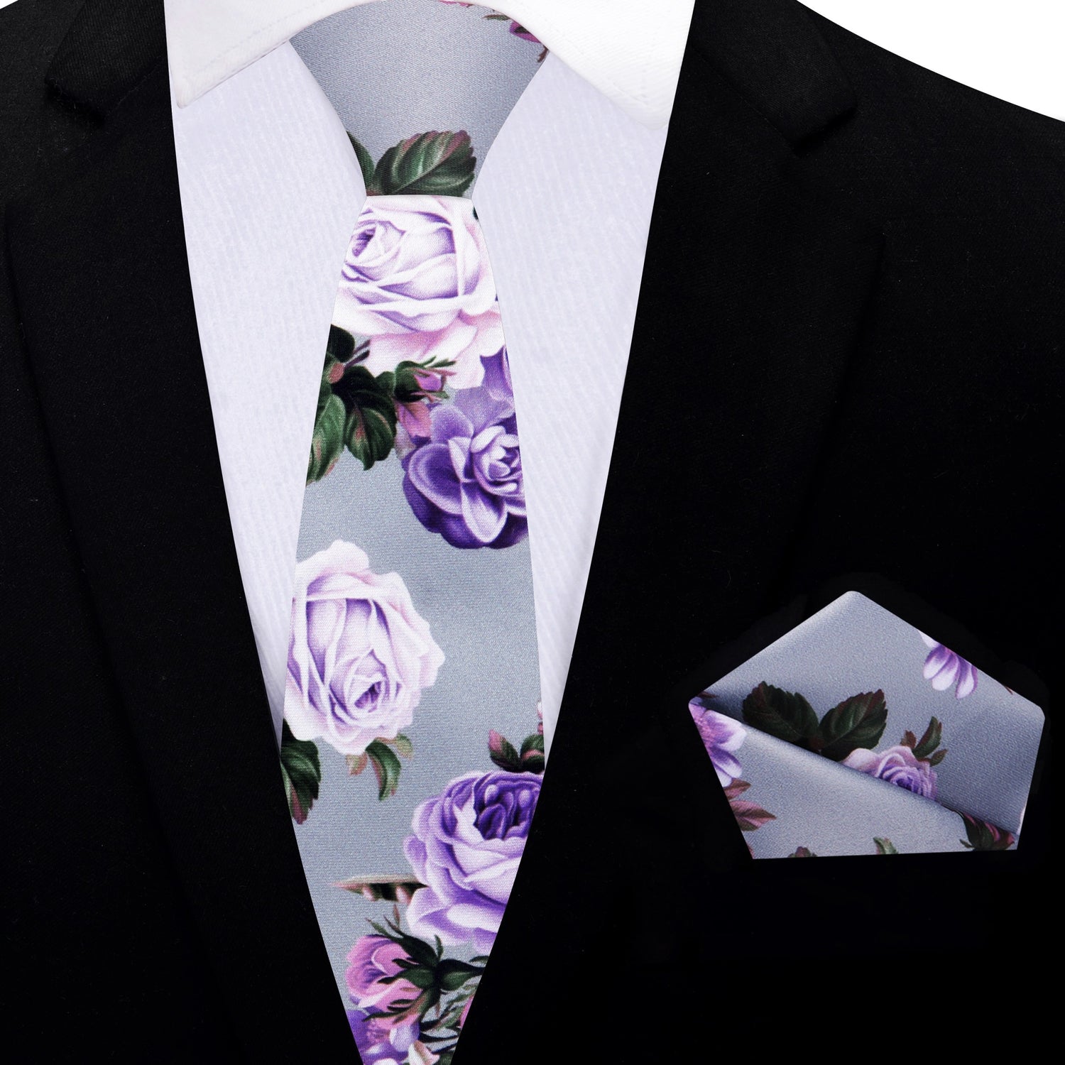 Thin Tie: Grey, Pink, Purple and Green Floral Necktie with Matching Square