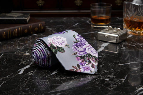 Silver Grey & Lavender Floral Rose Necktie