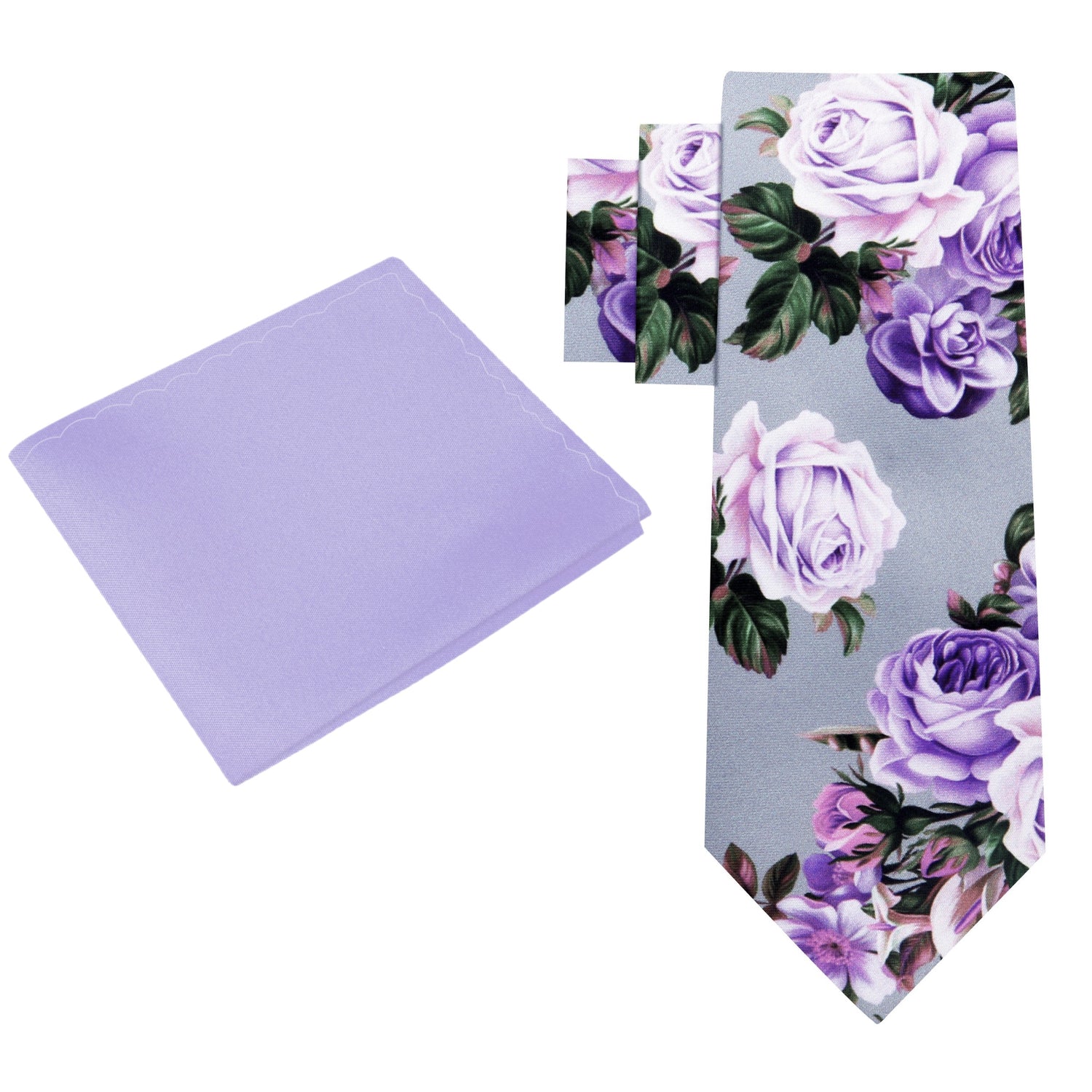 Alt View: Grey, Pink, Purple and Green Floral Necktie with Light Purple Square