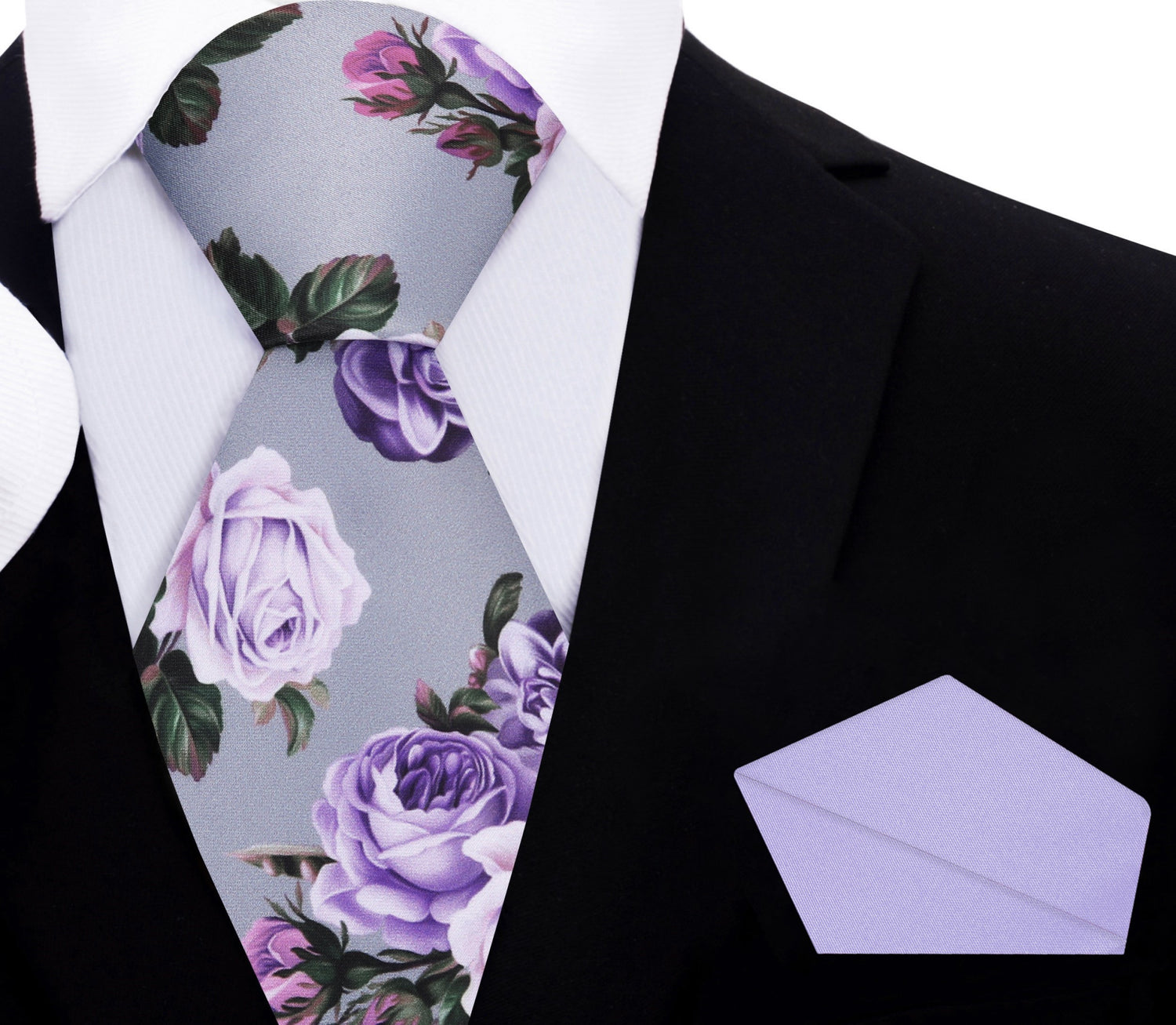 Grey, Pink, Purple and Green Floral Necktie with Light Purple Square