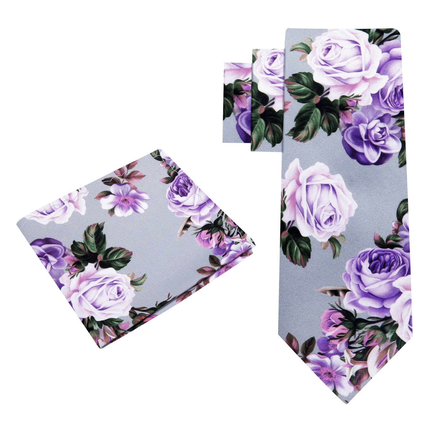 Alt View: Grey, Pink, Purple and Green Floral Necktie with Matching Square