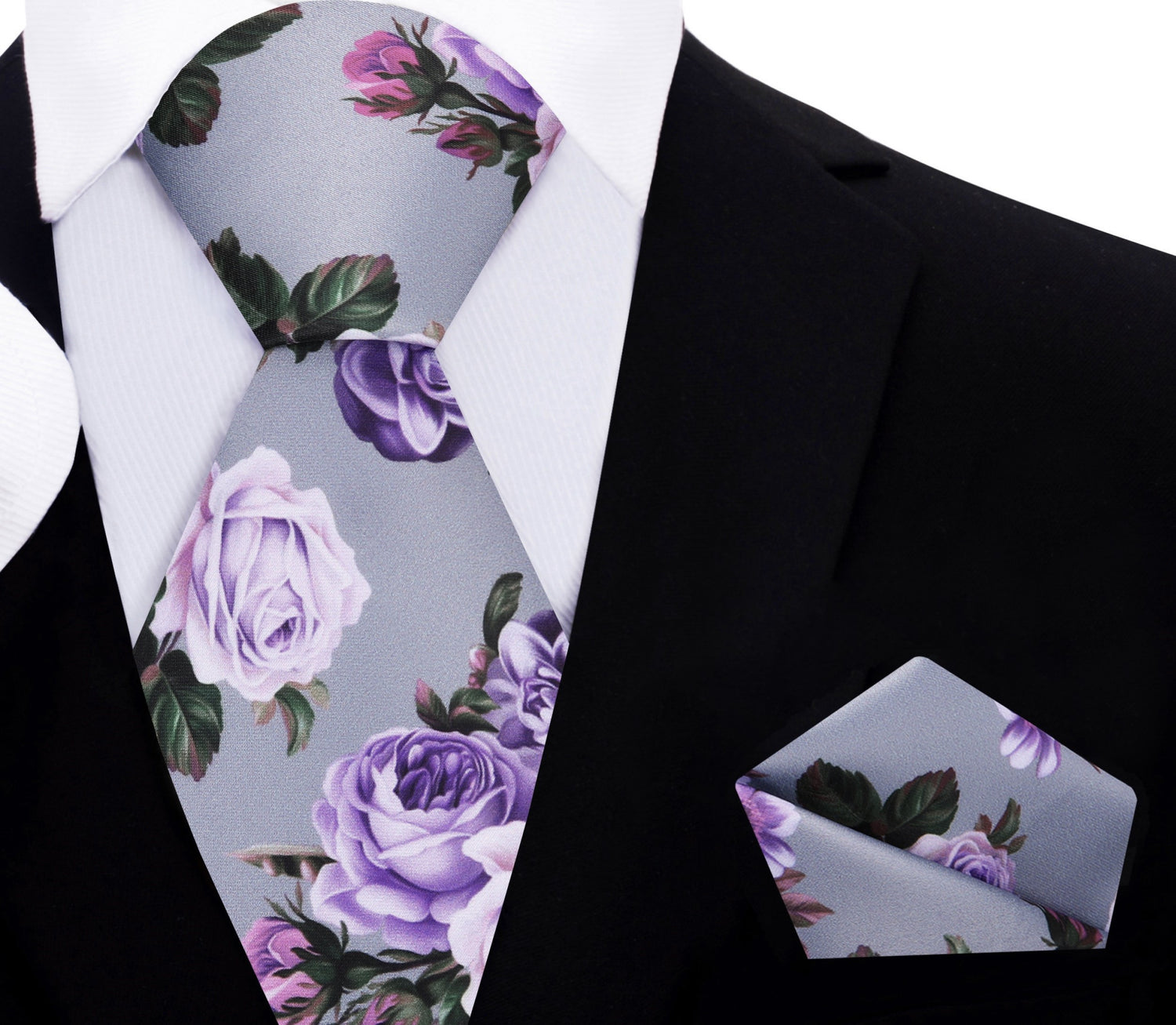 Grey, Pink, Purple and Green Floral Necktie with Matching Square