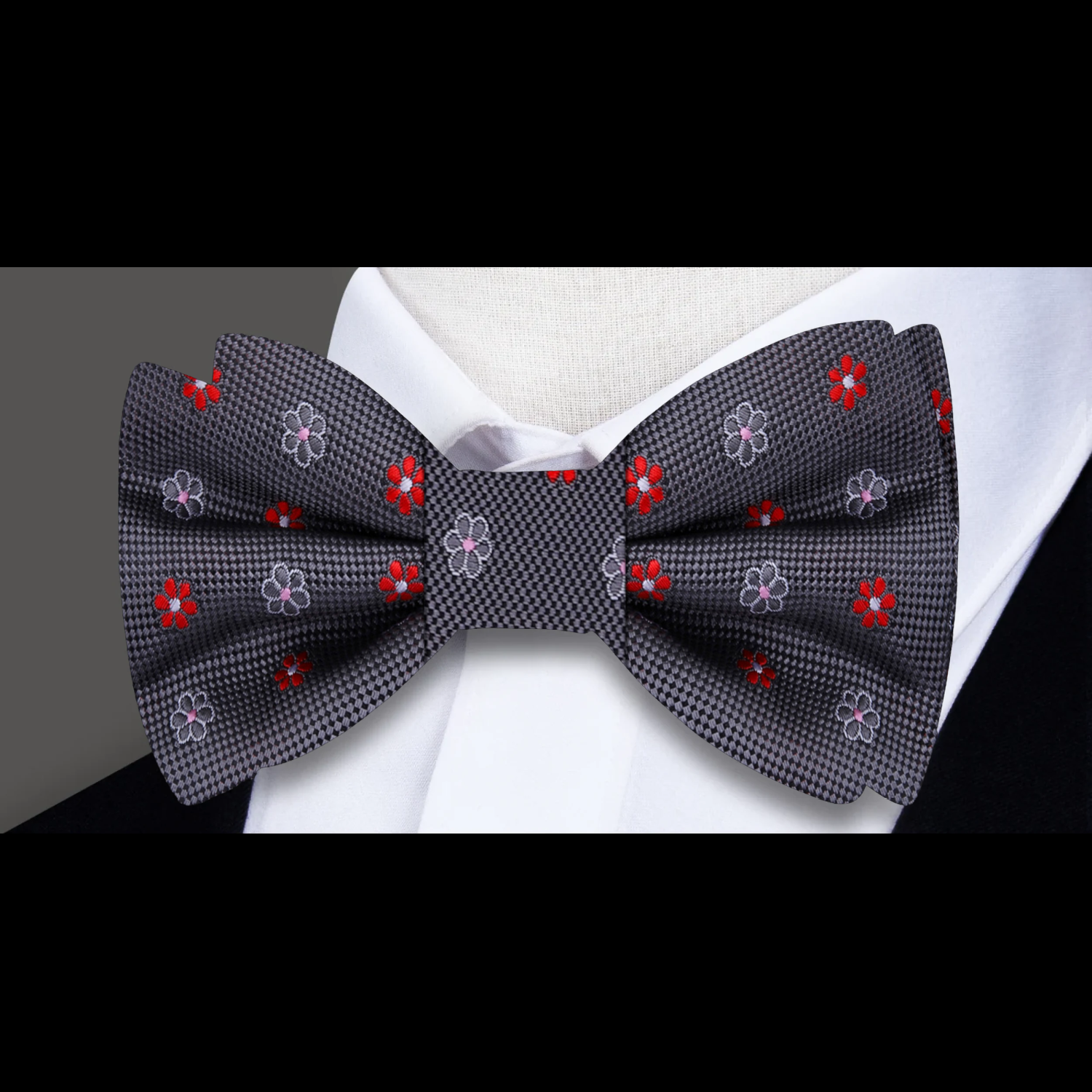 Grey Pink Red Small Flowers Bow Tie 