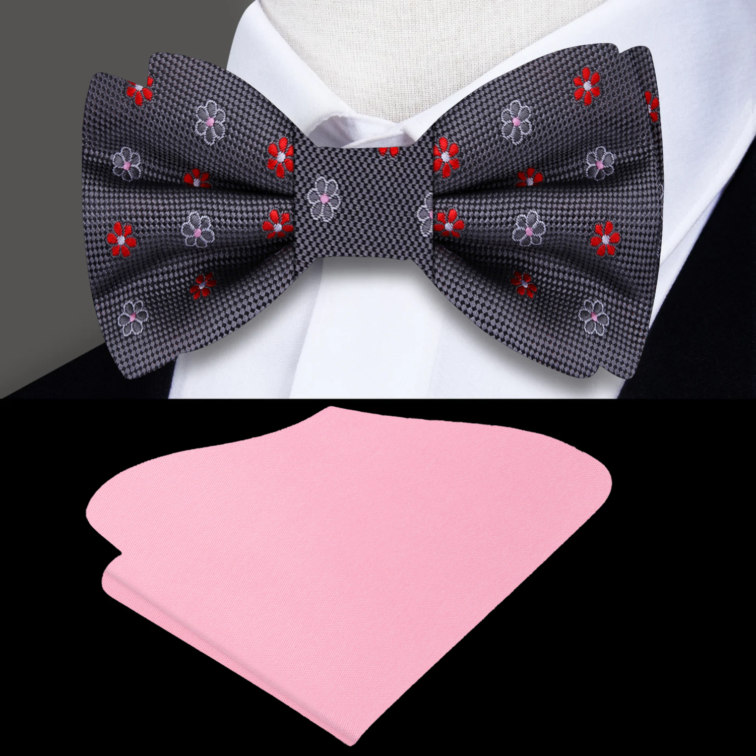 Grey Pink Red Small Flowers Bow Tie and Pink Square