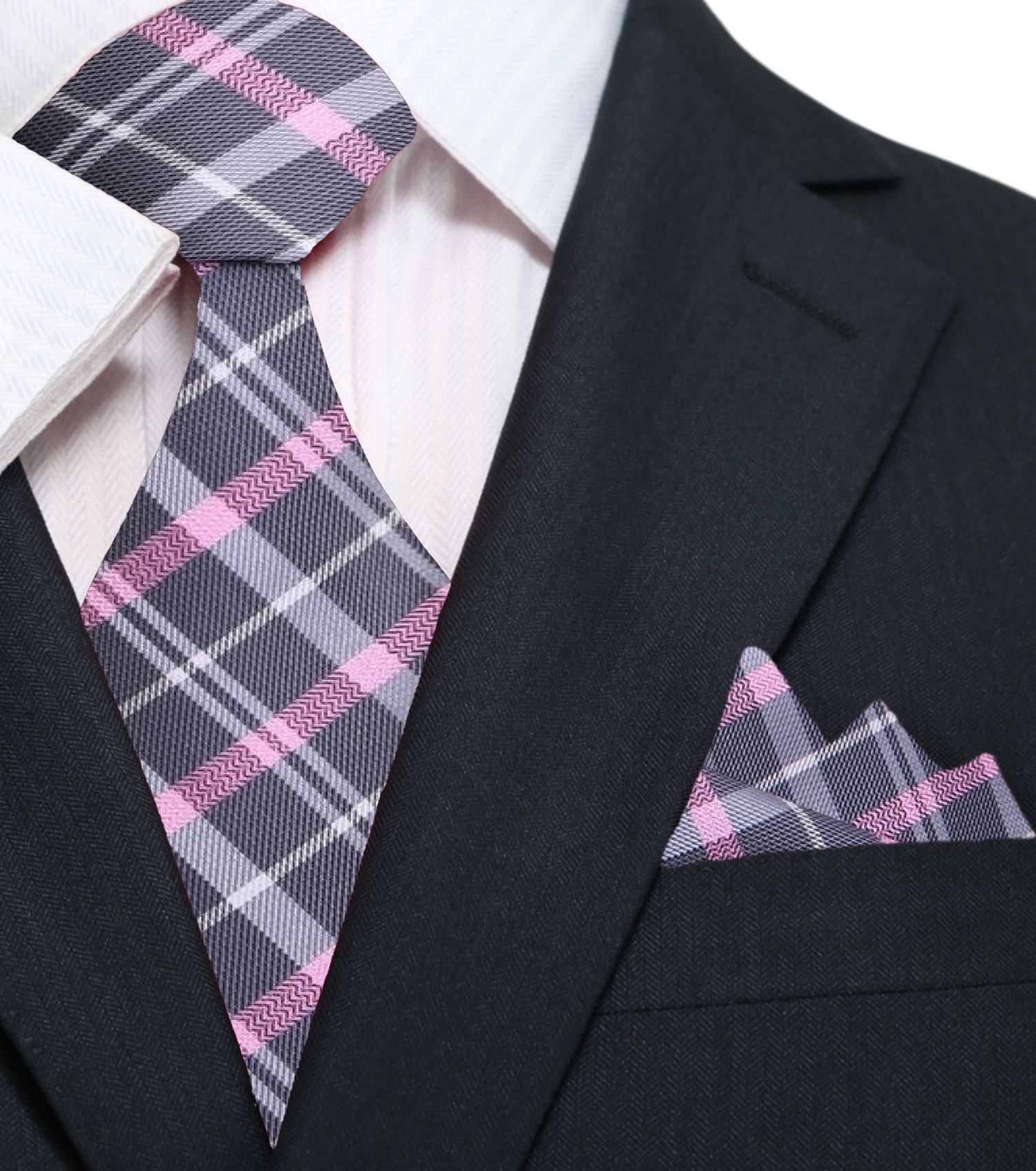 A Dark Grey With Pink Plaid Pattern Silk Necktie, Matching Pocket Square