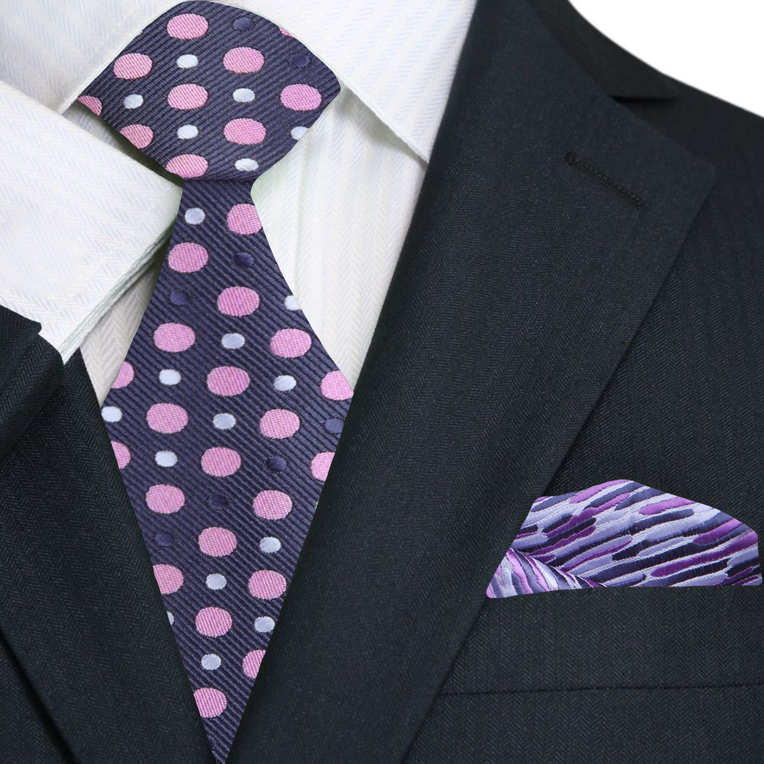 Primary A Grey, Pink, White Polka Dot Pattern Necktie, Accenting Pocket Square