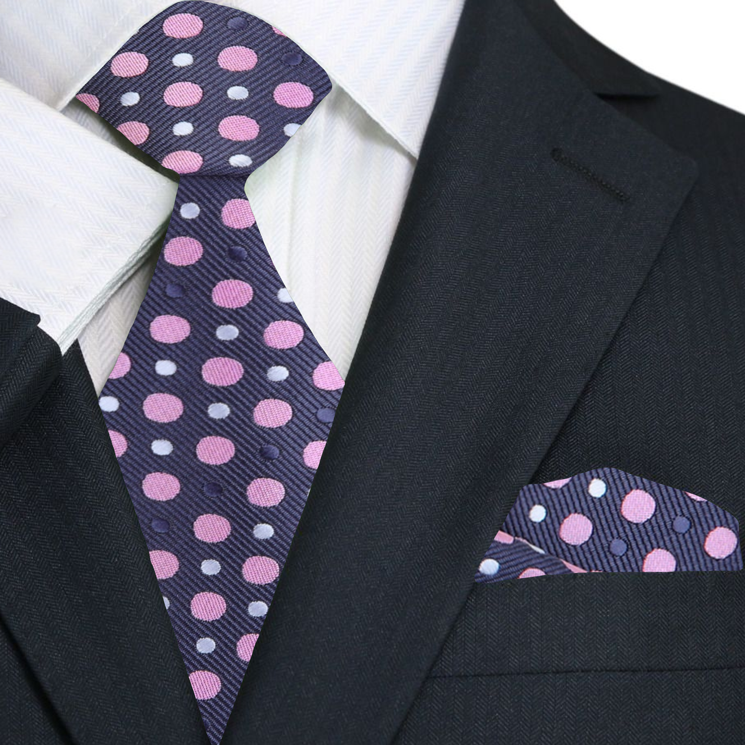 Premium A Grey, Pink, White Polka Dot Pattern Necktie, Matching Pocket Square