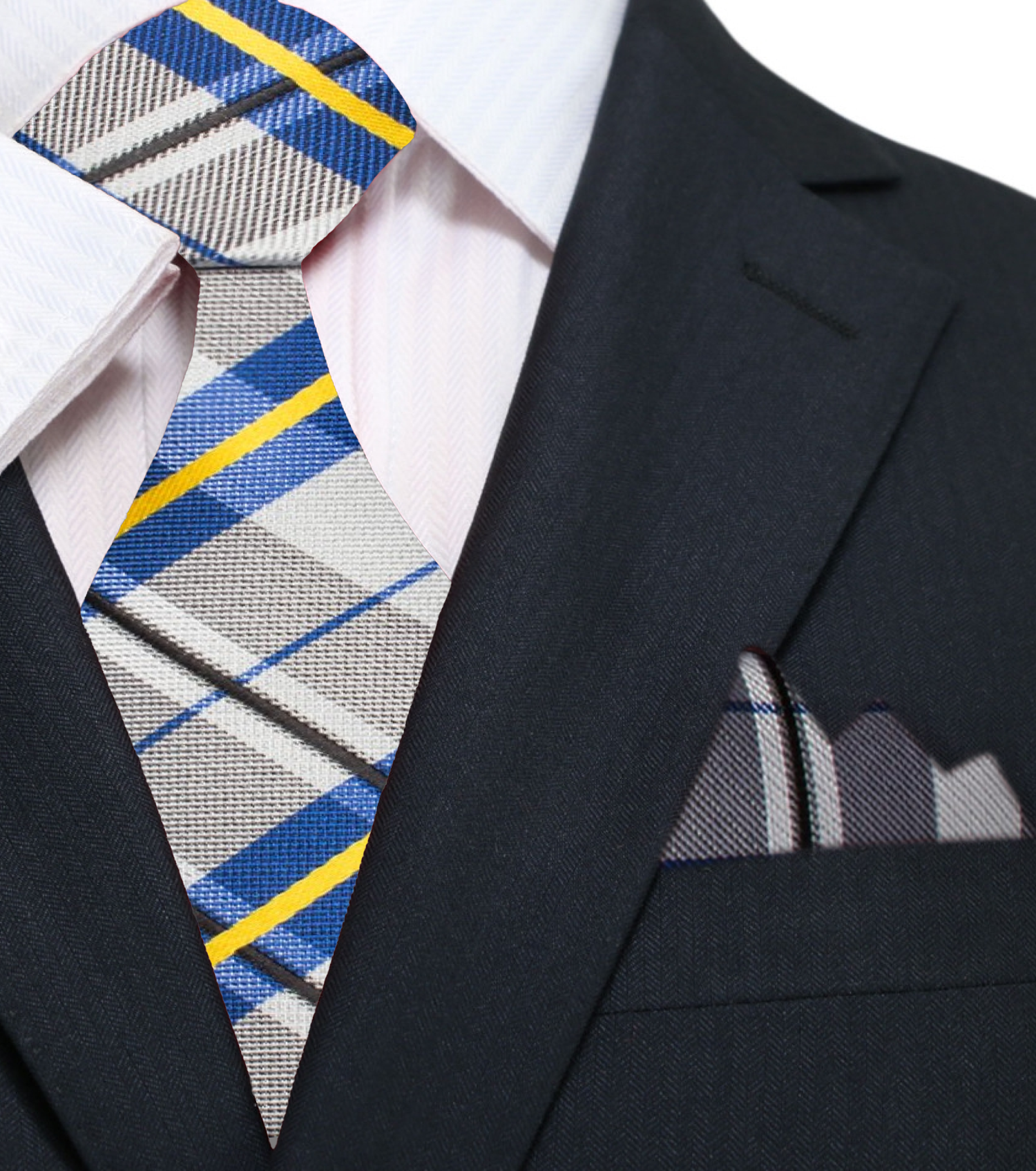 Main: A Grey, Yellow, Blue Plaid Pattern Silk Necktie, Matching Pocket Square