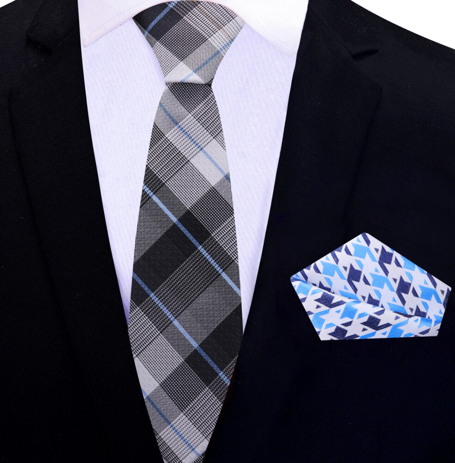 Thin Grey, Blue Plaid Tie and Accenting Square